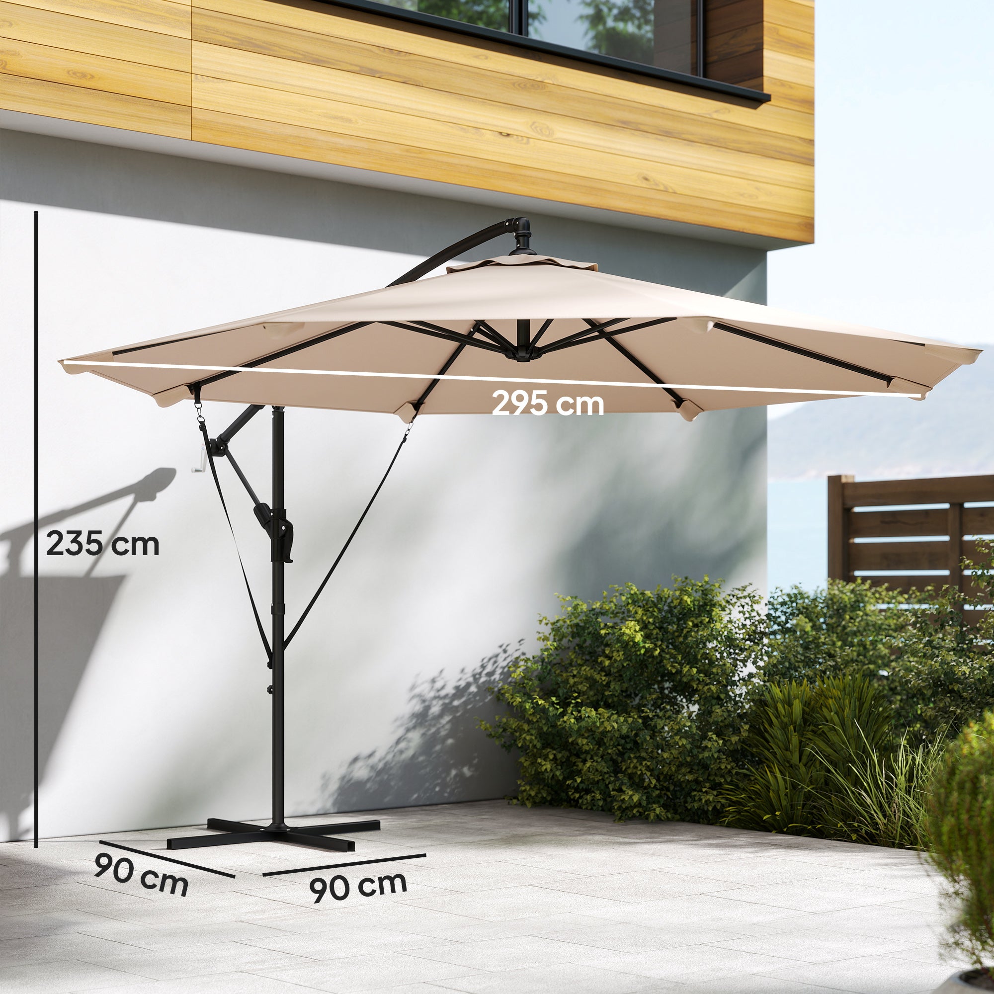 Outsunny Parasol Excéntrico, Ø300 cm, Sombrilla de Jardín con Base Cruzada, Manivela, Funda Protectora y Cuerdas de Viento, UPF30+, para Terraza, Patio, Caqui
