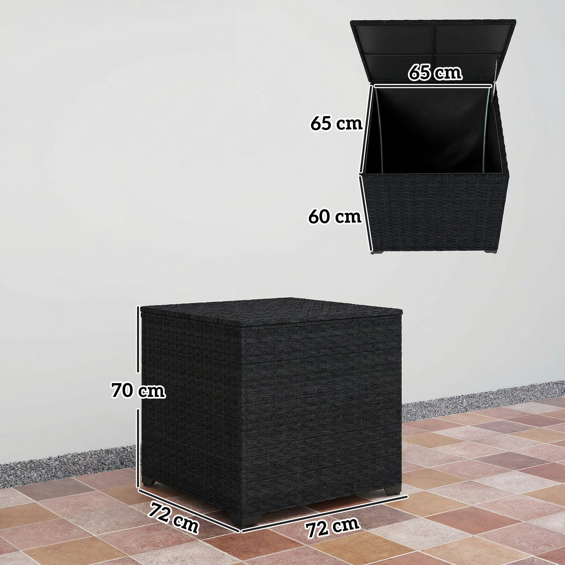 Outsunny Baúl de Almacenaje Exterior de Ratán Sintético de 253L, Arcón Exterior con Varilla Hidráulica, Forro con Cremallera y Marco de Acero, Carga 50 kg, para Jardín, Terraza, 72x72x70 cm, Negro