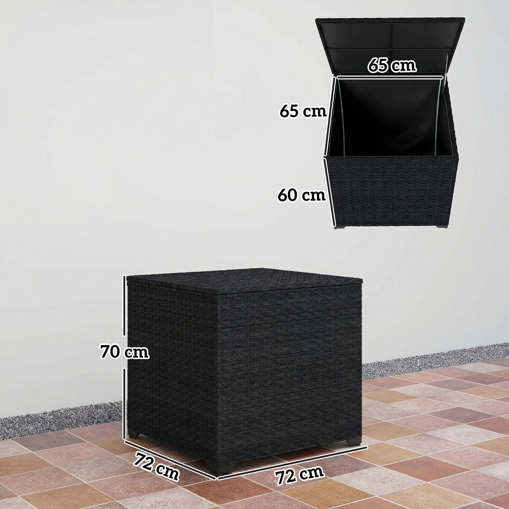 Outsunny Baúl de Almacenaje Exterior de Ratán Sintético de 253L, Arcón Exterior con Varilla Hidráulica, Forro con Cremallera y Marco de Acero, Carga 50 kg, para Jardín, Terraza, 72x72x70 cm, Negro