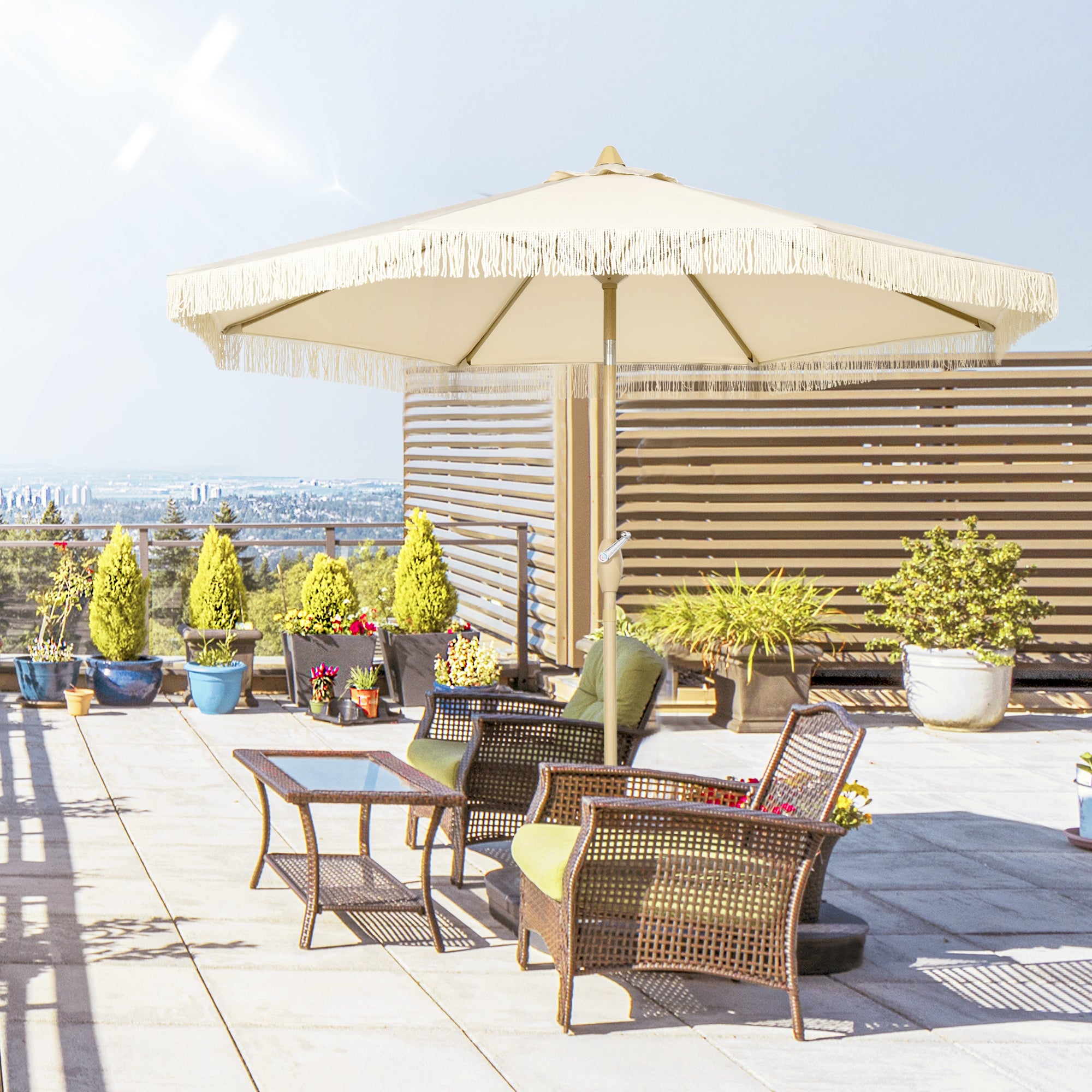 Outsunny Sombrilla Terraza Exterior, Ø265x244 cm, Sombrilla de Jardín con Ángulo Ajustable, Manivela, Flecos de Estilo Boho, Impermeable, Parasol para Patio, Terraza, Crema