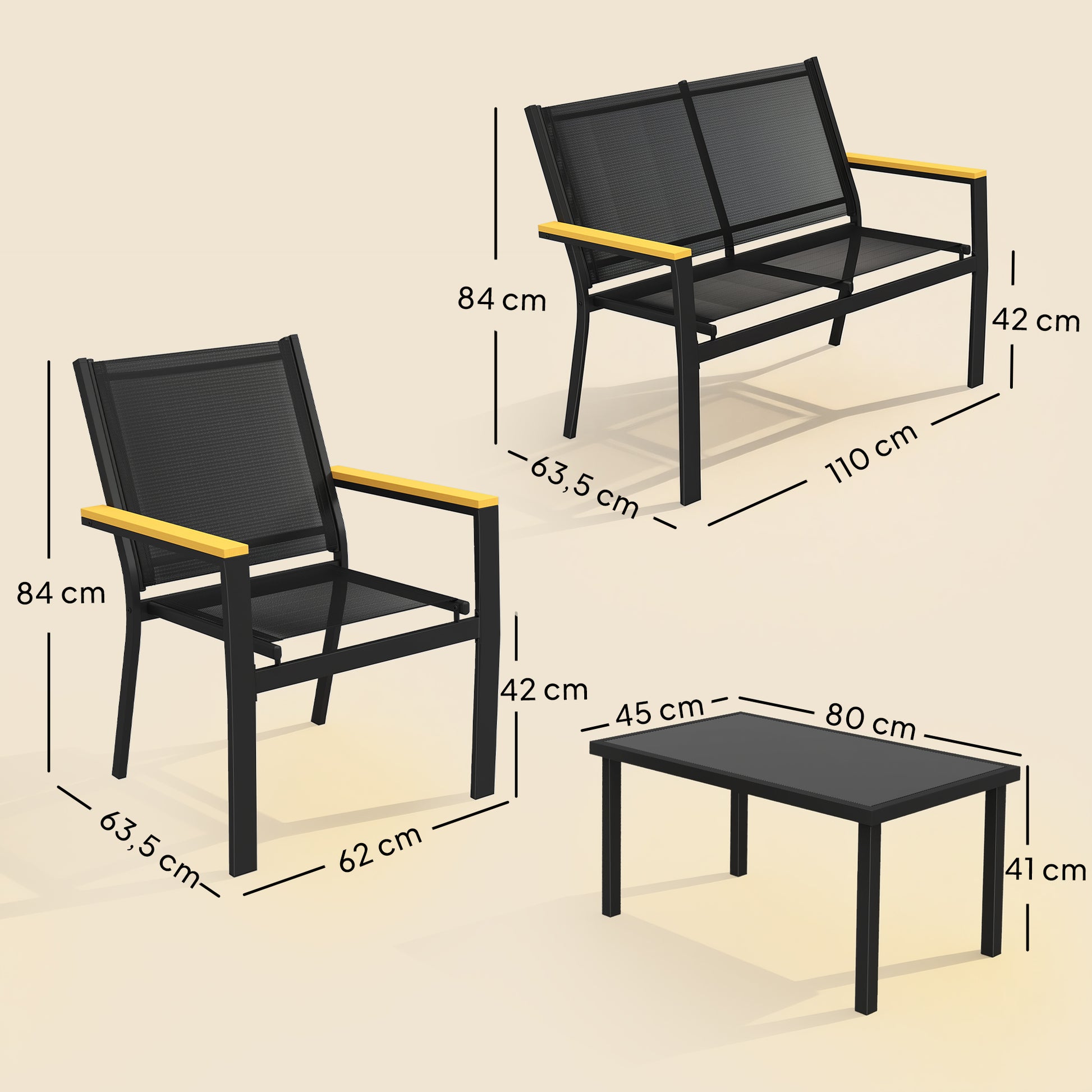 Outsunny Conjunto Jardín Exterior de 4 Piezas, Muebles Jardín Exterior con Sofá de 2 Plazas, 2 Sillones, Mesa de Cristal Templado, Tela Textilene, Reposabrazos Anchos, Negro