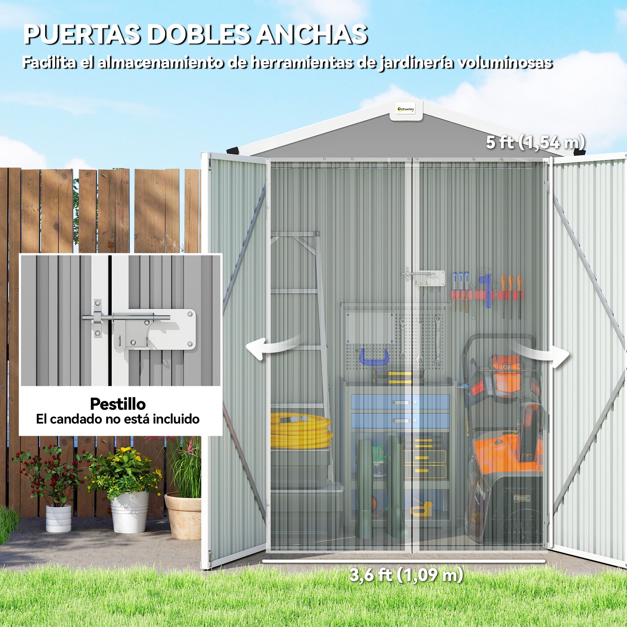 Outsunny Caseta de Jardín Exterior 1,1 m², 133x87x178 cm, Cobertizo de Jardín Exterior Metálico con Puertas Correderas, Techo Inclinado y Guantes, para Almacenaje de Herramientas Bicicletas, Gris