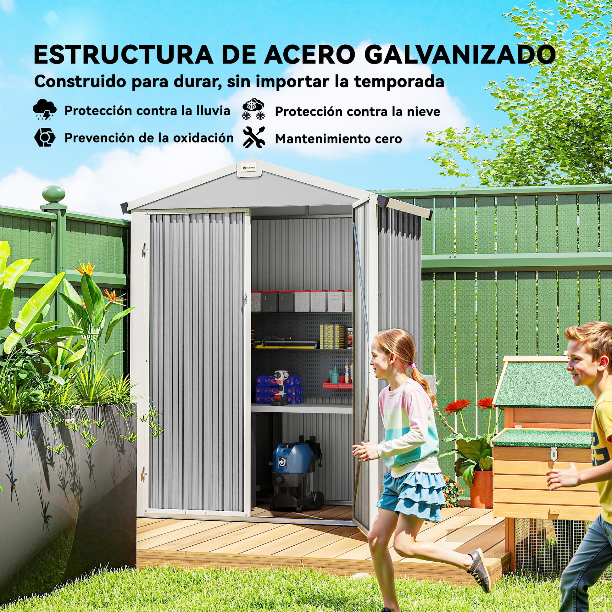 Outsunny Caseta de Jardín Exterior 1,1 m², 133x87x178 cm, Cobertizo de Jardín Exterior Metálico con Puertas Correderas, Techo Inclinado y Guantes, para Almacenaje de Herramientas Bicicletas, Gris