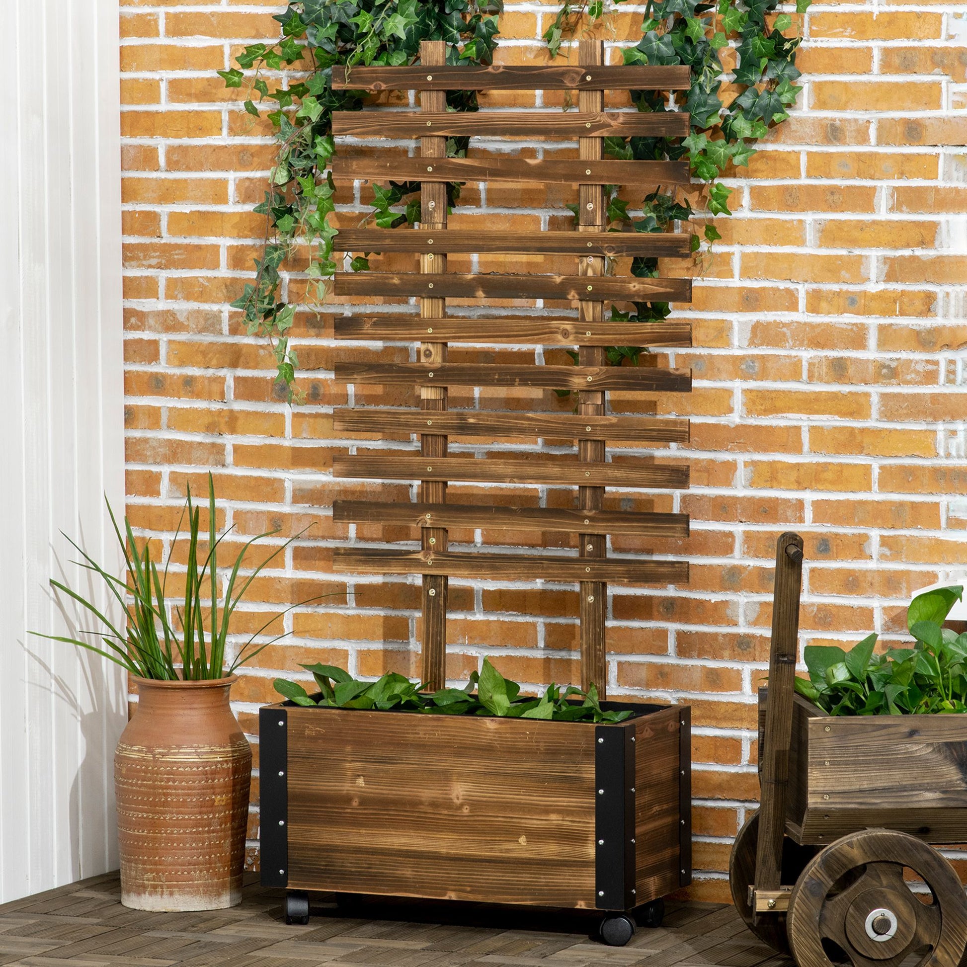 Outsunny Jardinera Exterior Grande de Madera Jardinera con Celosía para Plantas Trepadoras Tela no Tejida Ruedas y Esquinas Metálicas de Doble Capa para Patio Terraza 65x31x147 cm Carbonizado