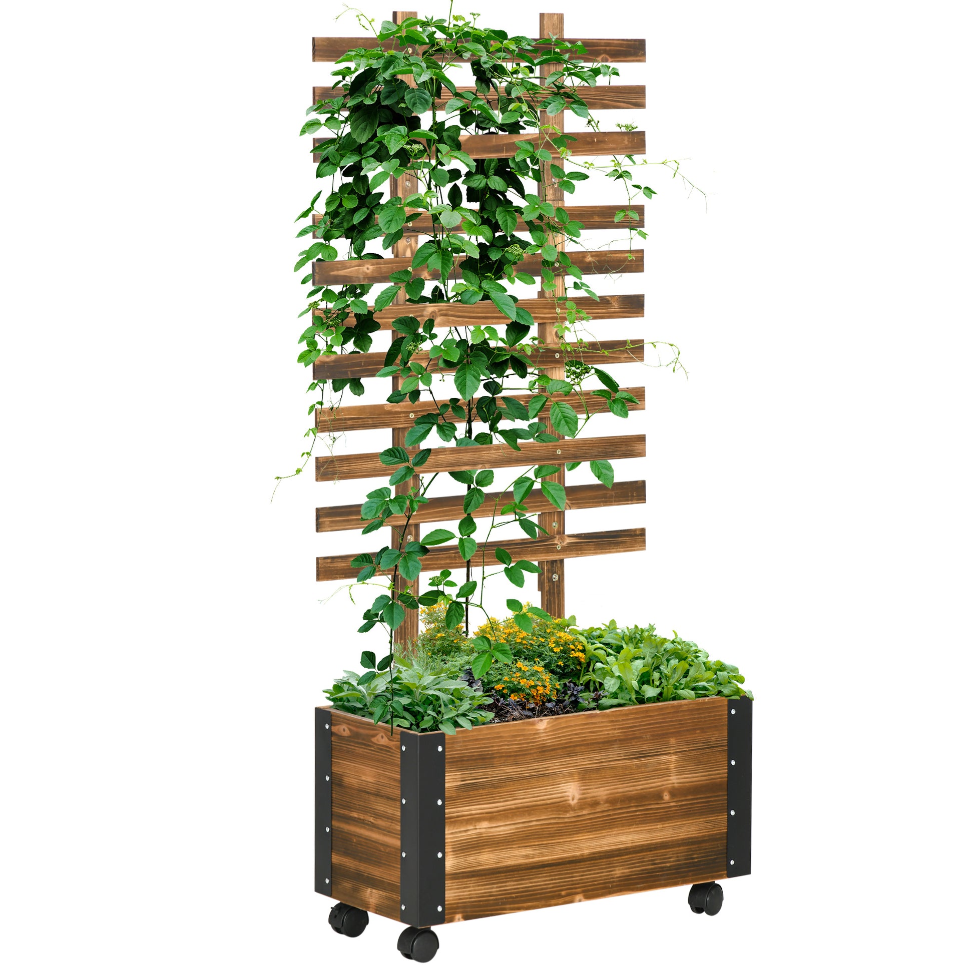 Outsunny Jardinera Exterior Grande de Madera Jardinera con Celosía para Plantas Trepadoras Tela no Tejida Ruedas y Esquinas Metálicas de Doble Capa para Patio Terraza 65x31x147 cm Carbonizado