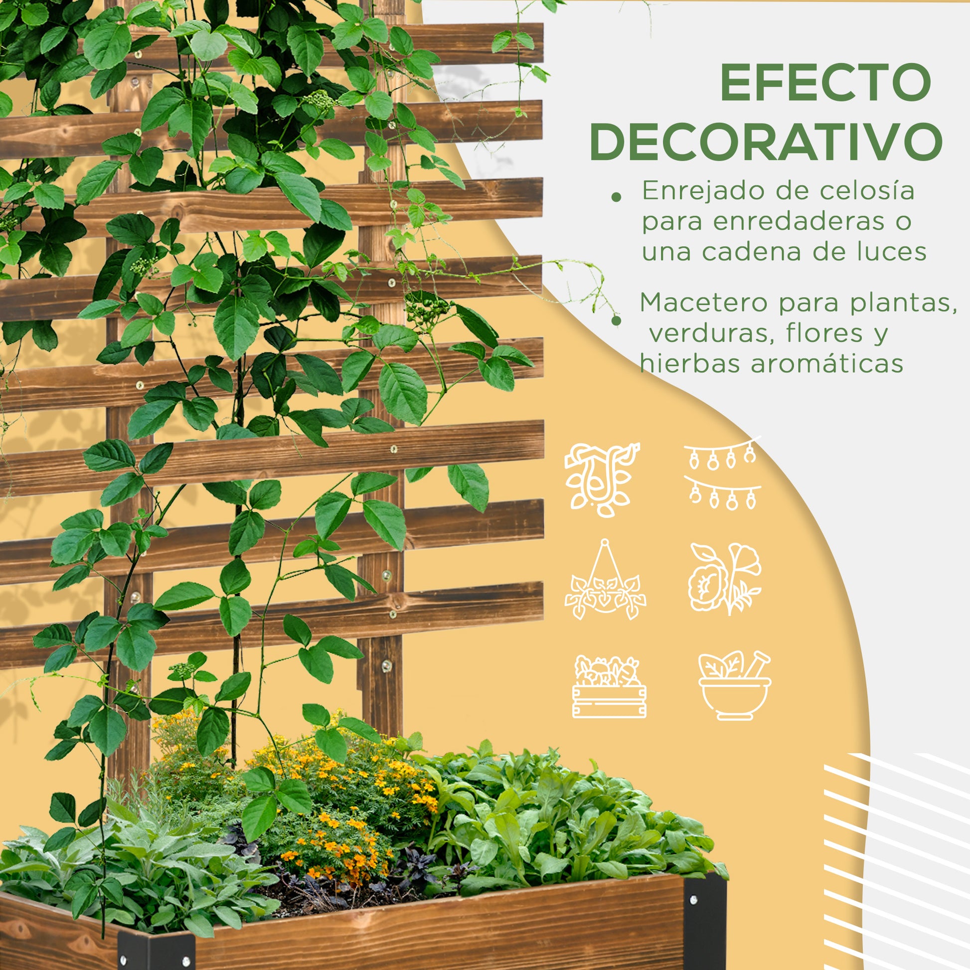Outsunny Jardinera Exterior Grande de Madera Jardinera con Celosía para Plantas Trepadoras Tela no Tejida Ruedas y Esquinas Metálicas de Doble Capa para Patio Terraza 65x31x147 cm Carbonizado