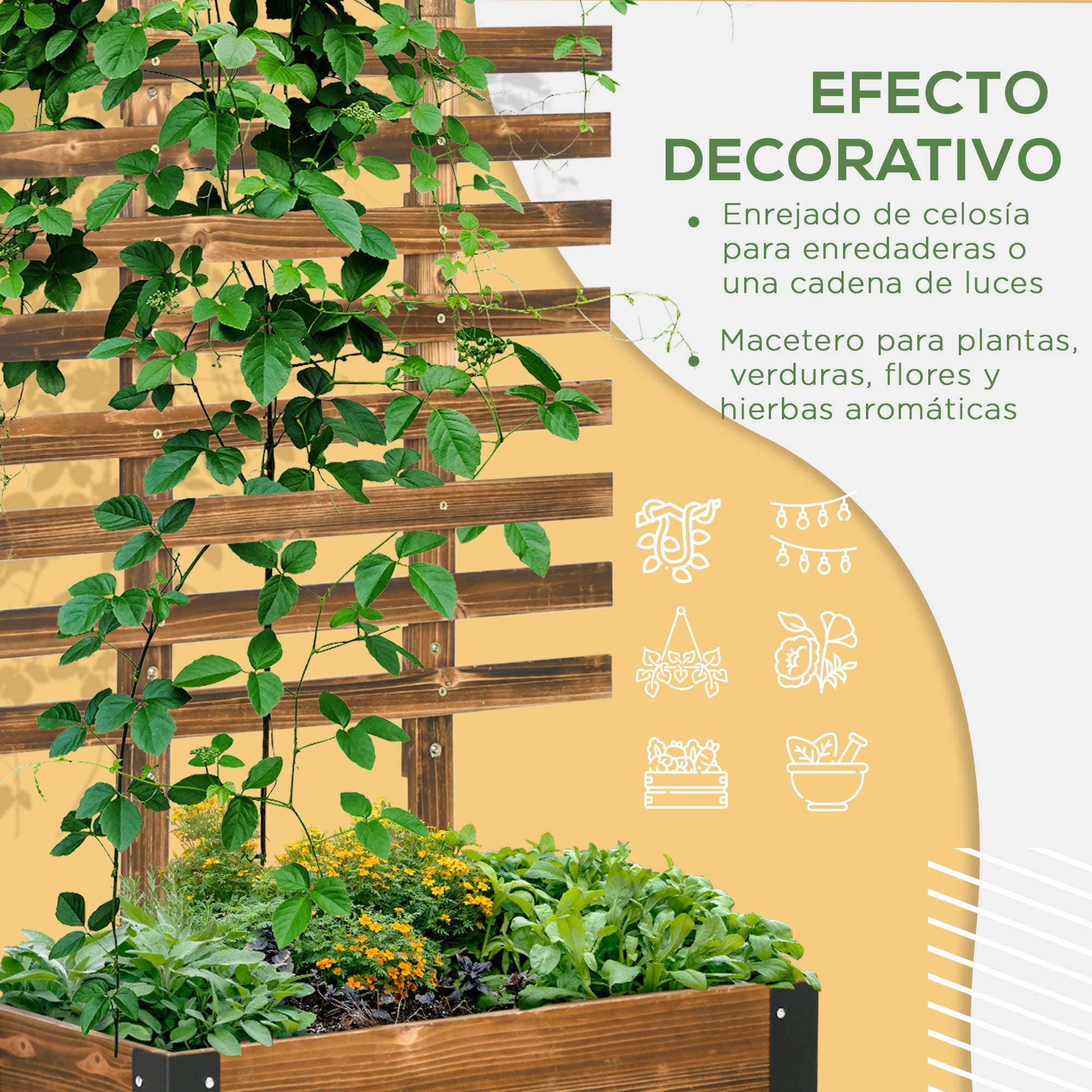 Outsunny Jardinera Exterior Grande de Madera Jardinera con Celosía para Plantas Trepadoras Tela no Tejida Ruedas y Esquinas Metálicas de Doble Capa para Patio Terraza 65x31x147 cm Carbonizado
