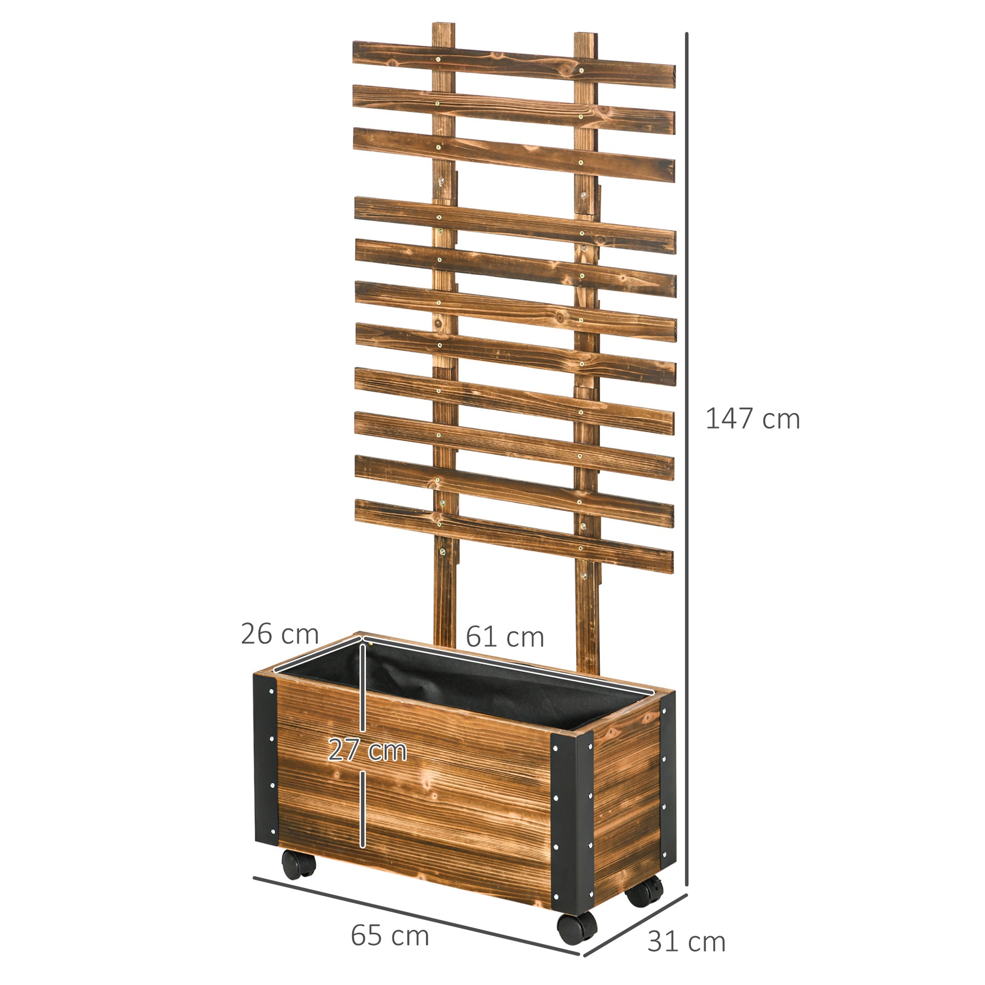 Outsunny Jardinera Exterior Grande de Madera Jardinera con Celosía para Plantas Trepadoras Tela no Tejida Ruedas y Esquinas Metálicas de Doble Capa para Patio Terraza 65x31x147 cm Carbonizado