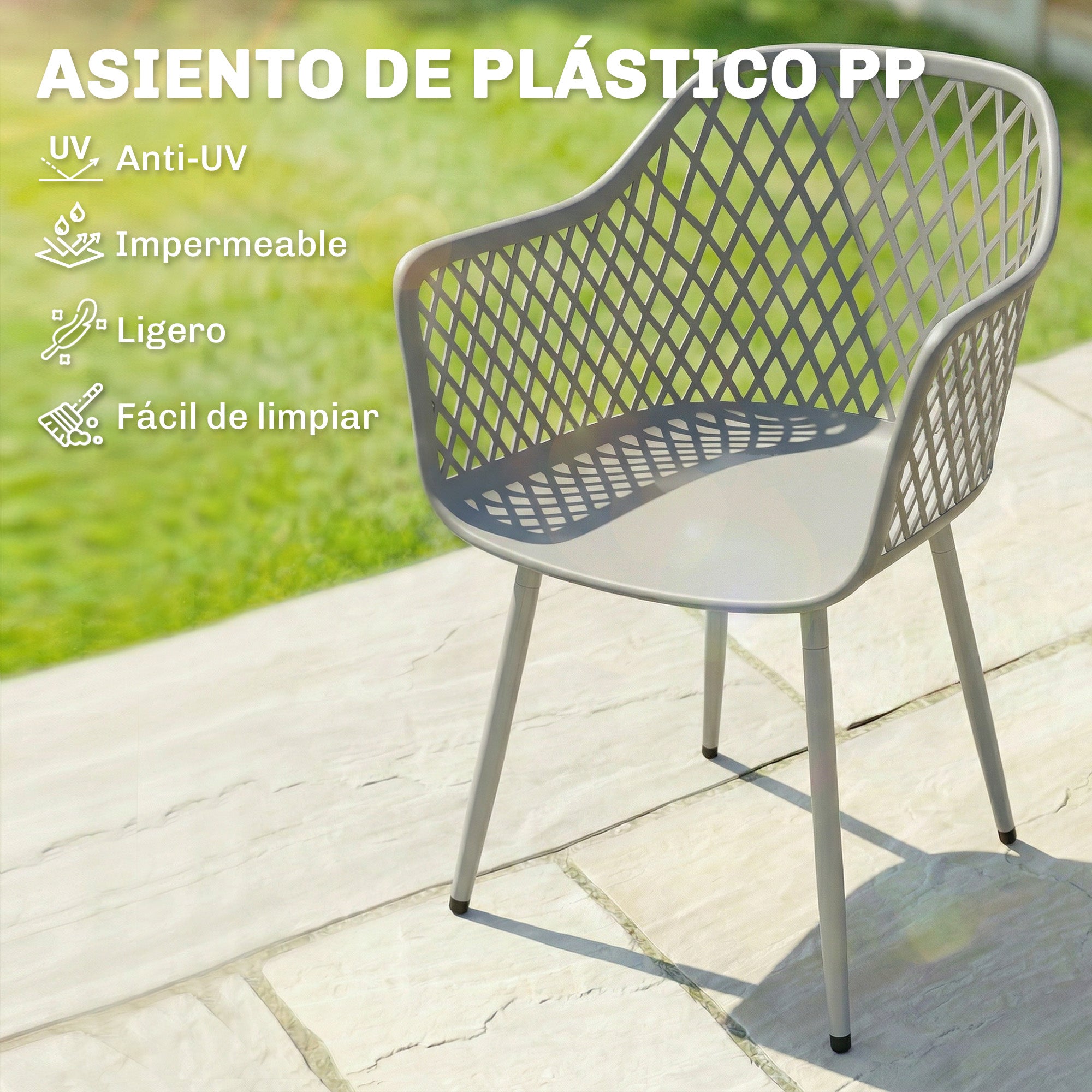 Outsunny Juego de 4 Sillas de Jardín Exterior, Sillas Terraza Exterior con Respaldo Diamante, Asiento de PP Anti-UV, Reposabrazos y Patas Metálicas, para Terraza, Balcón, 56x51x84 cm, Gris