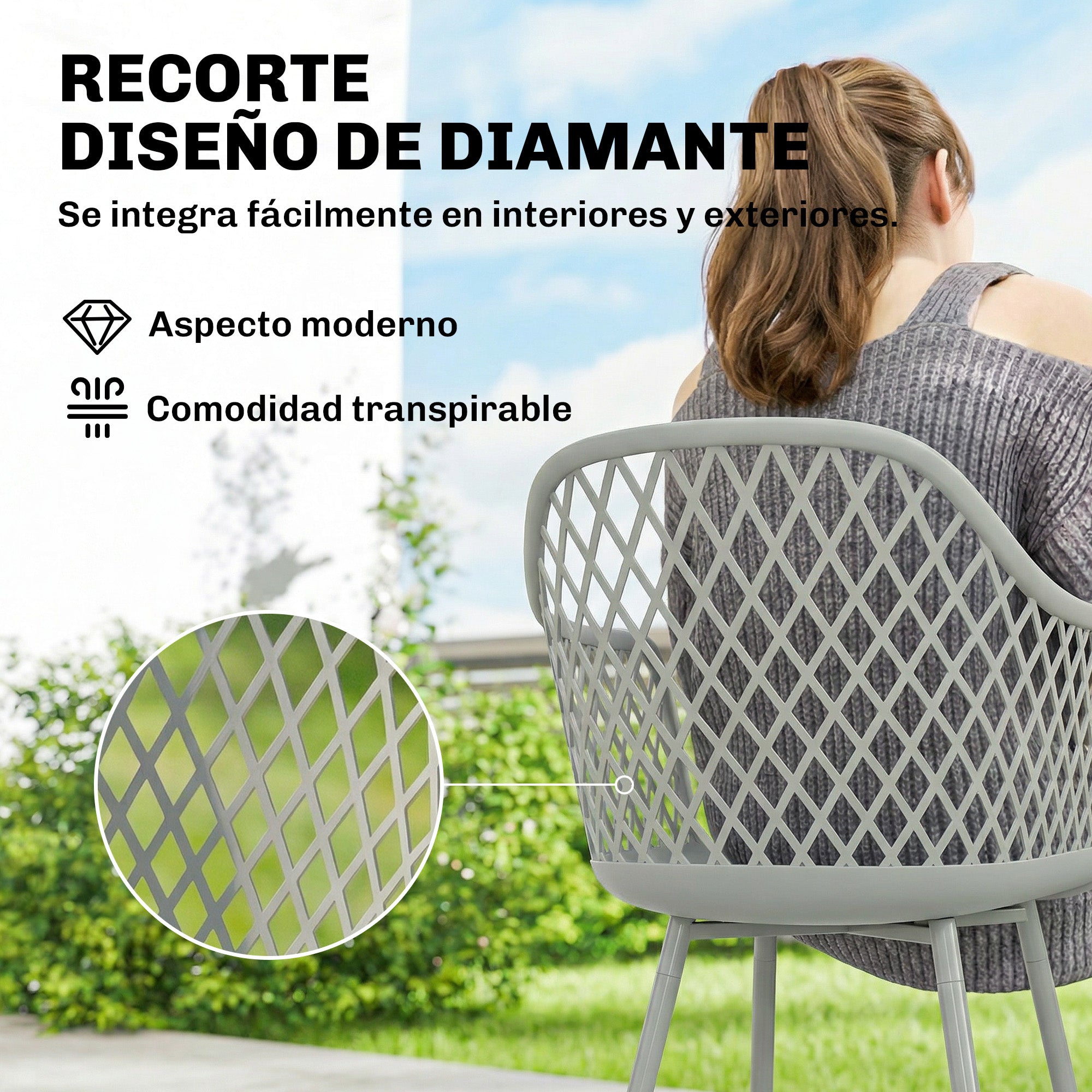 Outsunny Juego de 4 Sillas de Jardín Exterior, Sillas Terraza Exterior con Respaldo Diamante, Asiento de PP Anti-UV, Reposabrazos y Patas Metálicas, para Terraza, Balcón, 56x51x84 cm, Gris