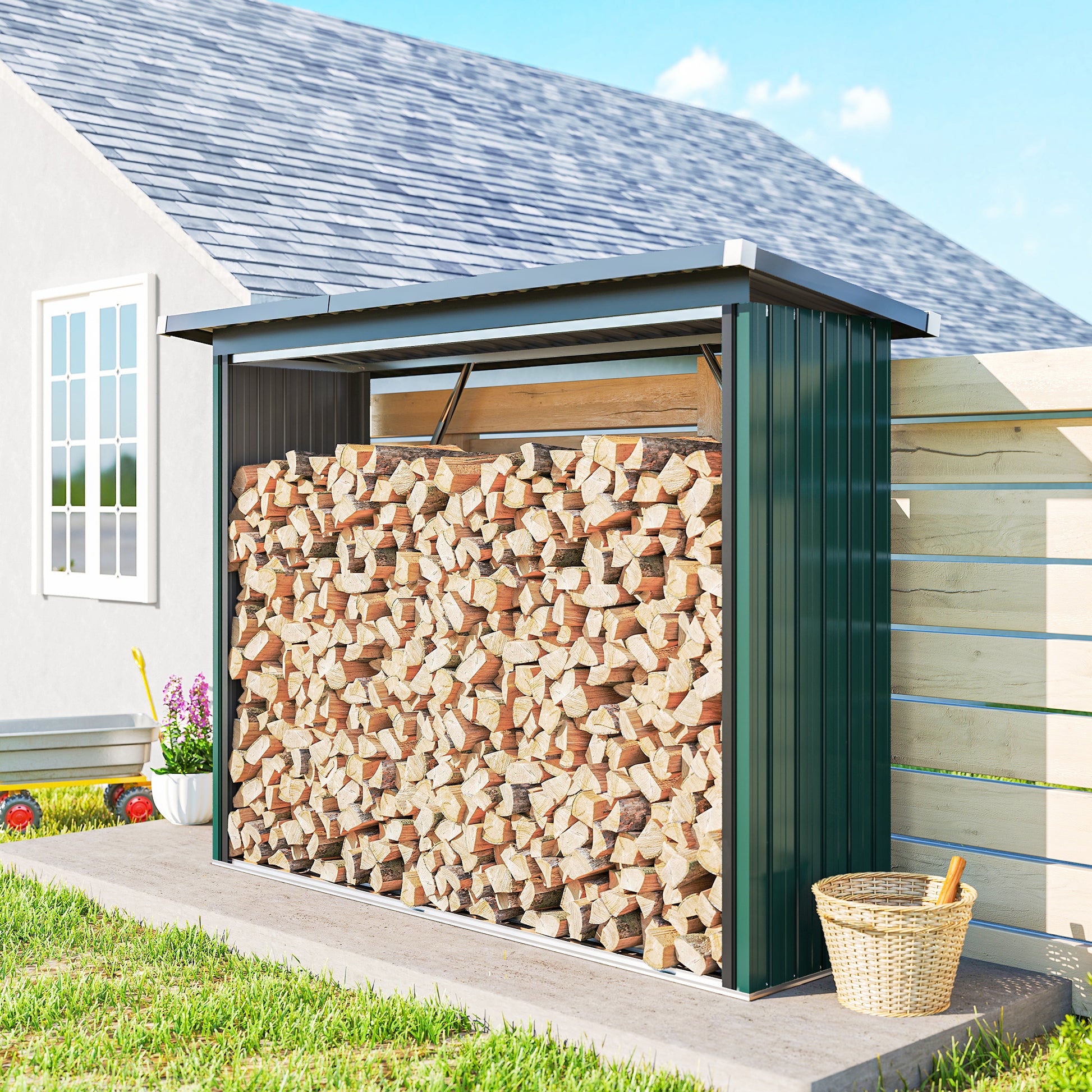 Outsunny Casetilla para Leña de Acero Galvanizado, Cobertizo Leñero Exterior de Almacenamiento de Troncos, con Base Elevada y Techo Inclinado, 213x66,5x150 cm, Verde