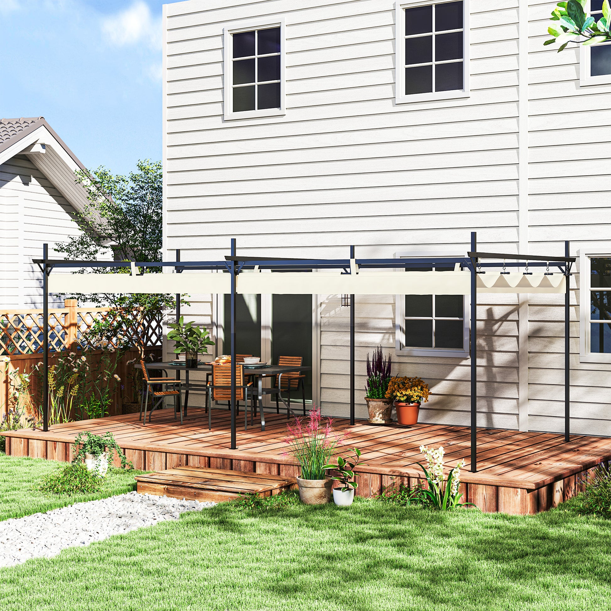 Outsunny Pérgola con Techo 6x3 m Retráctil Pérgola de Aluminio Cenador con Tela de Poliéster Anti-UV Resistente al Agua Pabellón para Jardín Patio Terraza Exterior Crema