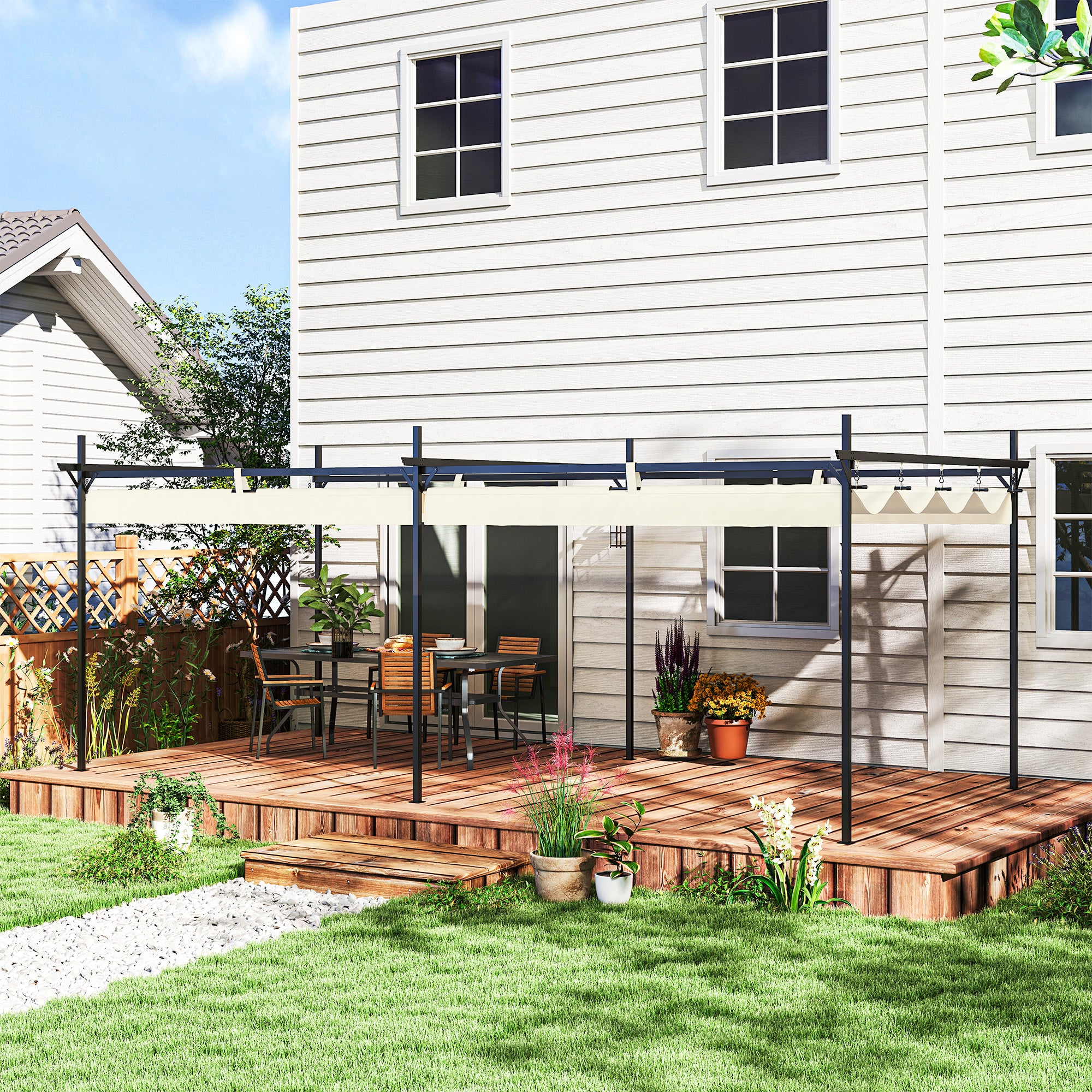 Outsunny Pérgola con Techo 6x3 m Retráctil Pérgola de Aluminio Cenador con Tela de Poliéster Anti-UV Resistente al Agua Pabellón para Jardín Patio Terraza Exterior Crema