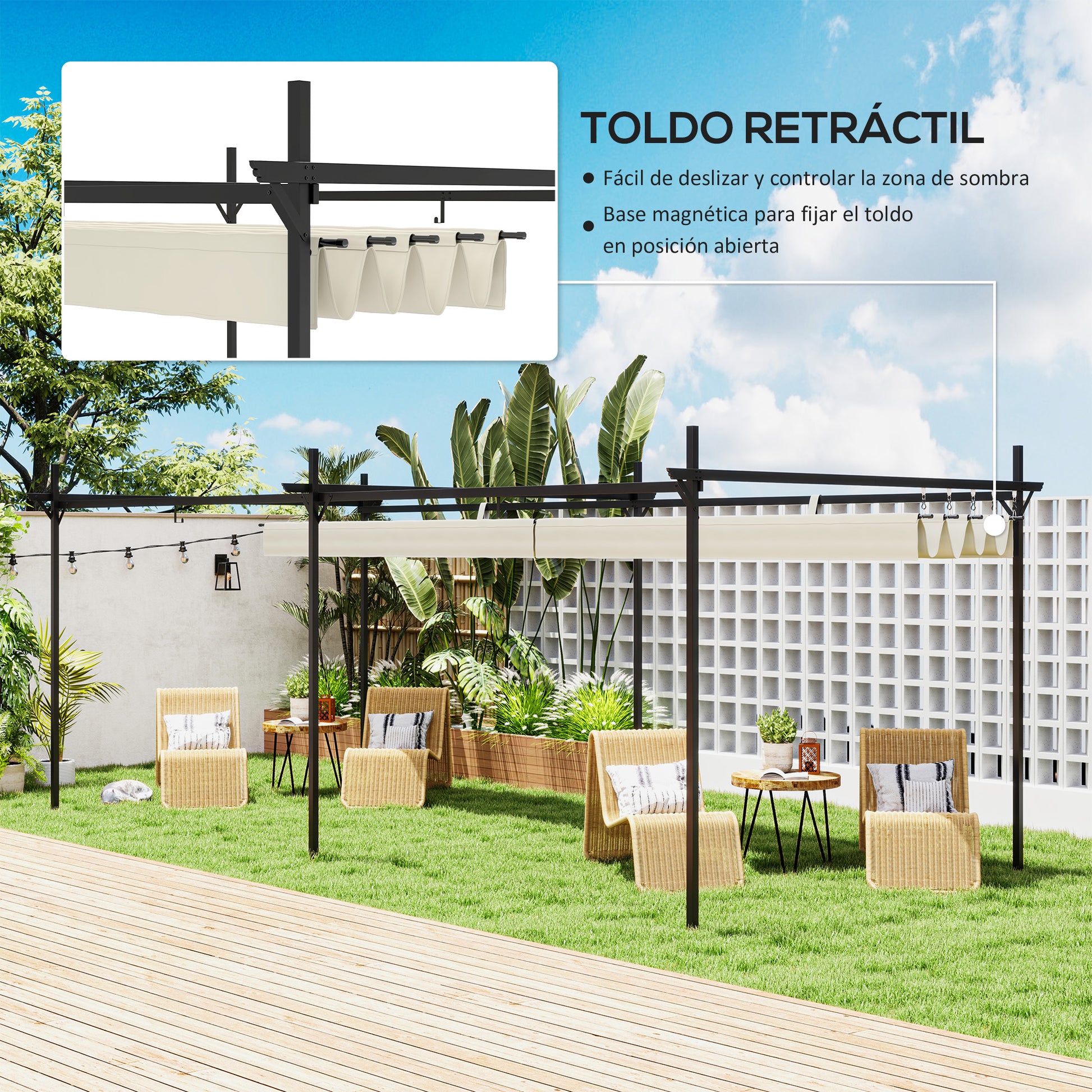 Outsunny Pérgola con Techo 6x3 m Retráctil Pérgola de Aluminio Cenador con Tela de Poliéster Anti-UV Resistente al Agua Pabellón para Jardín Patio Terraza Exterior Crema