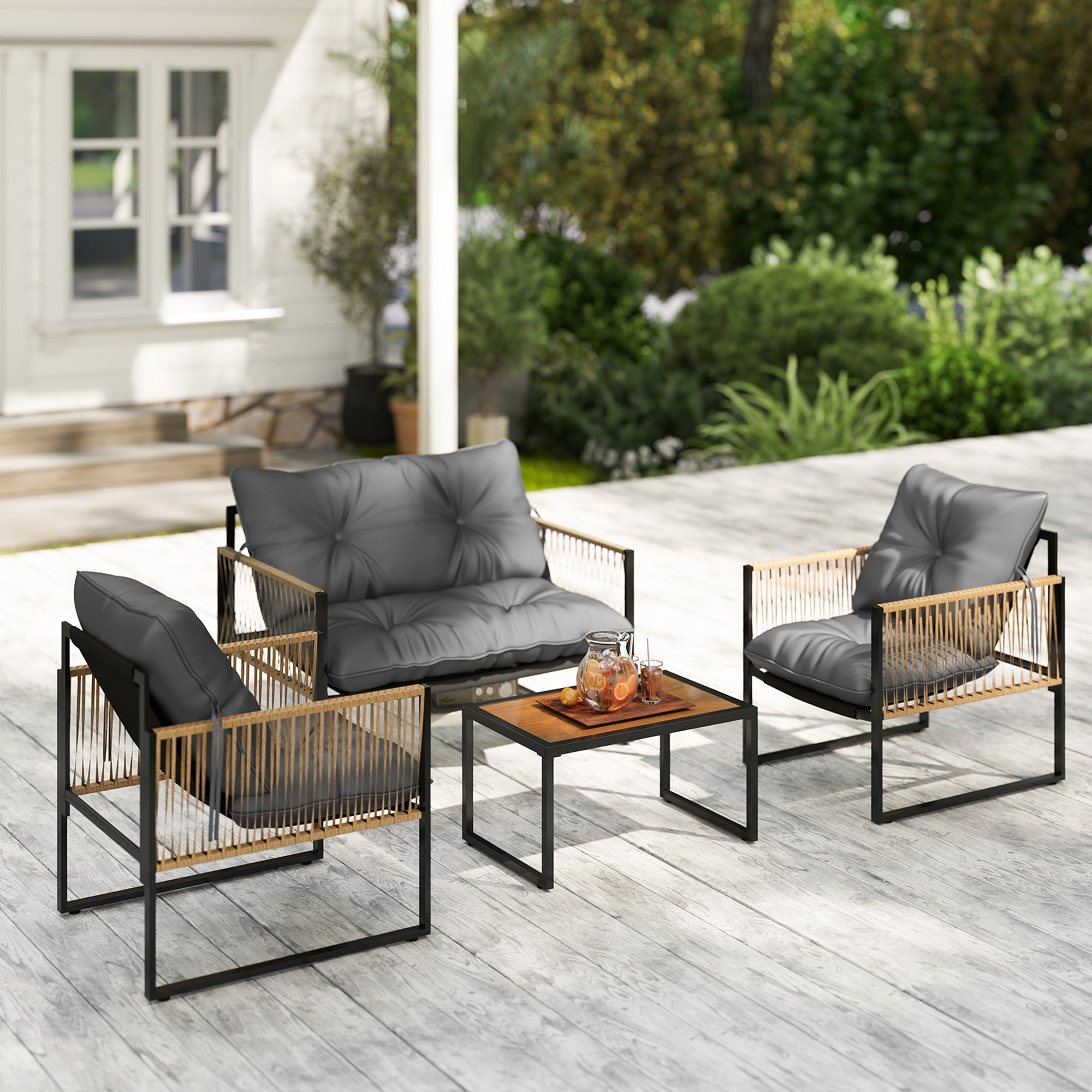 Outsunny Conjunto Jardín Exterior de Ratán, Muebles Jardín Exterior para 4 Piezas, Muebles Terraza con 1 Sofá de 2 Plazas, 2 Sillones, Cojines y 1 Mesa de Tablero de Vidrio, para Patio, Gris y Marrón