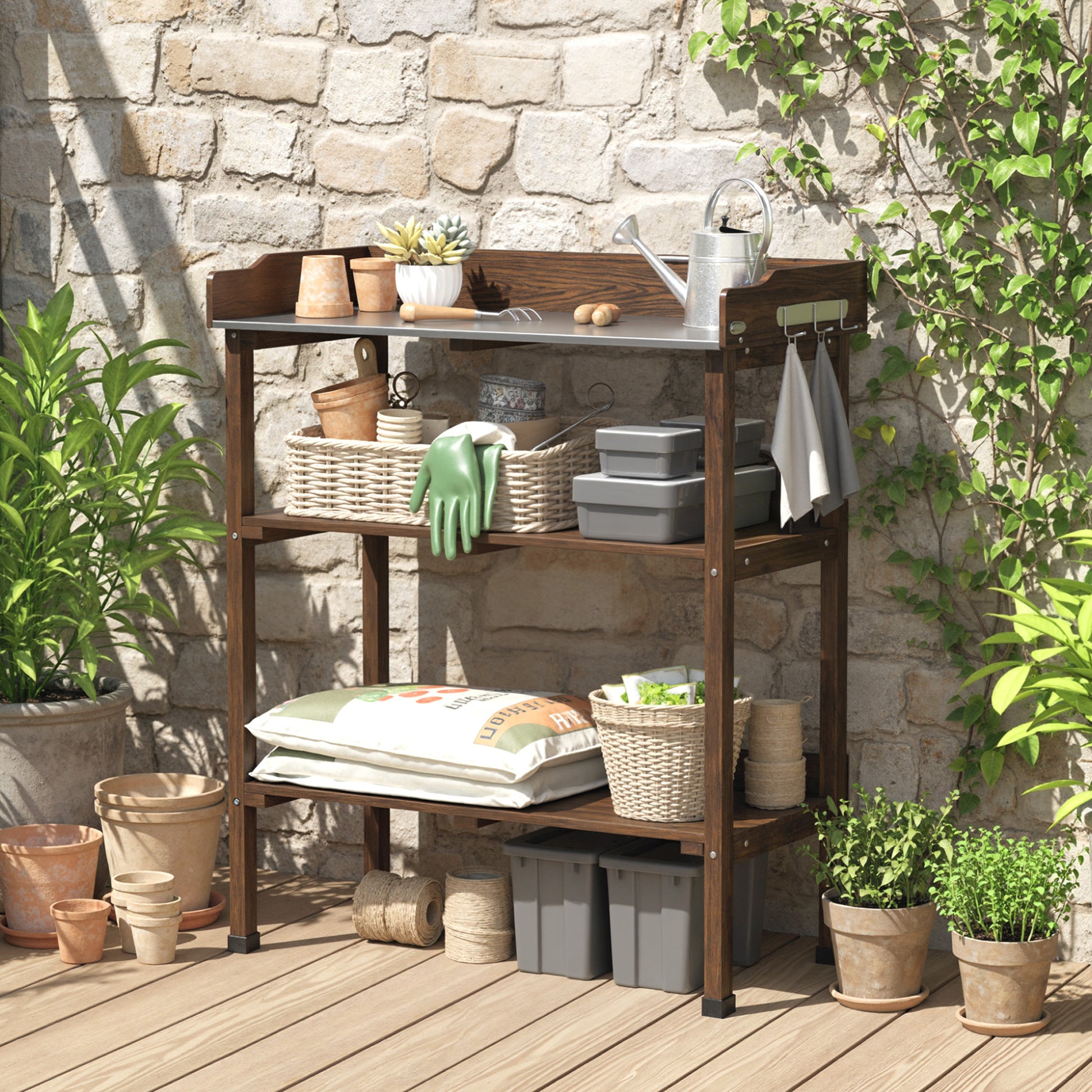 Outsunny Mesa de Plantación de Madera de 3 Niveles, Mesa de Jardinería con Placa Metálica, 2 Estantes y Ganchos, Resistente a la Intemperie, para Jardín, Terraza, Balcón, 76x37x89 cm, Carbonizado