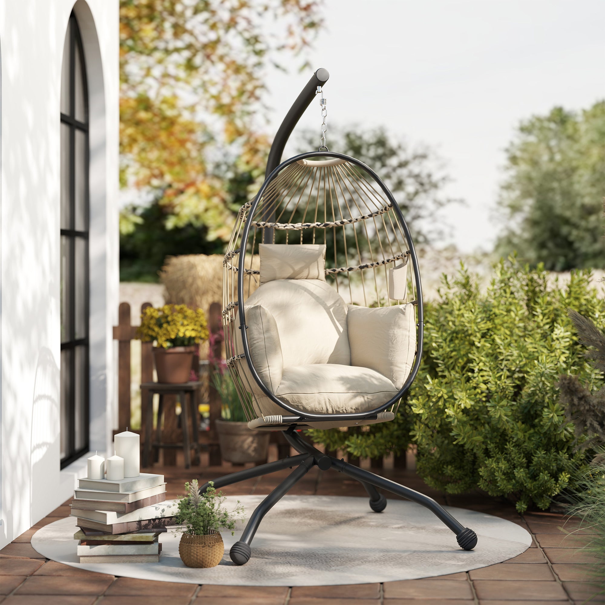 Outsunny Silla Colgante Huevo con Soporte Columpio Jardín Exterior con Cesta Plegable Cojín y Reposacabezas Portavaso Columpio Colgante para Interior y Exterior Carga 120 kg Caqui
