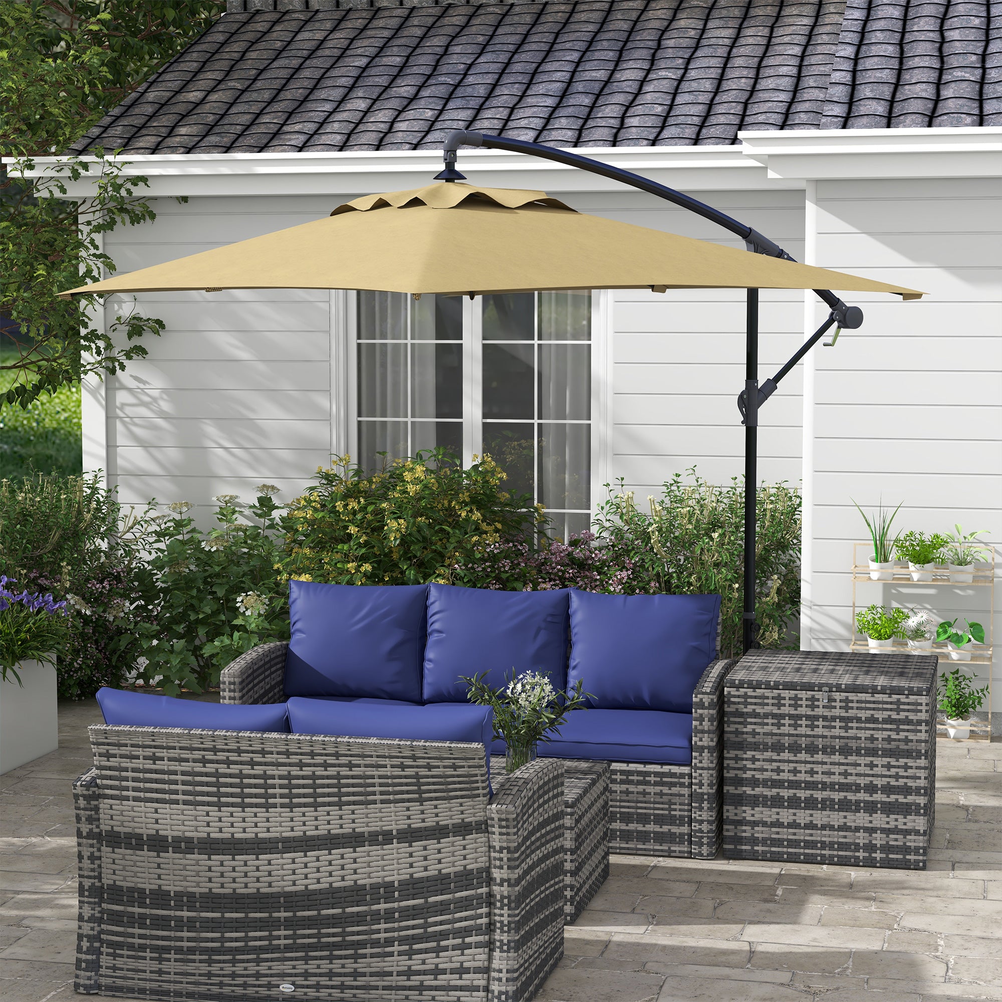 Outsunny Parasol Excéntrico 294x193 cm Sombrilla de Jardín con Base Cruzada y Manivela Impermeable Protección UV Sombrilla para Terraza Patio Marrón