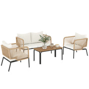 Outsunny Conjunto Jardín Exterior de 4 Piezas, Muebles Jardín Exterior con Sofá de 2 Plazas, 2 Sillones, Mesa de WPC, Ratán PE Tipo Cuerda, Cojines Acolchados y Marco de Metal para Terraza, Blanco