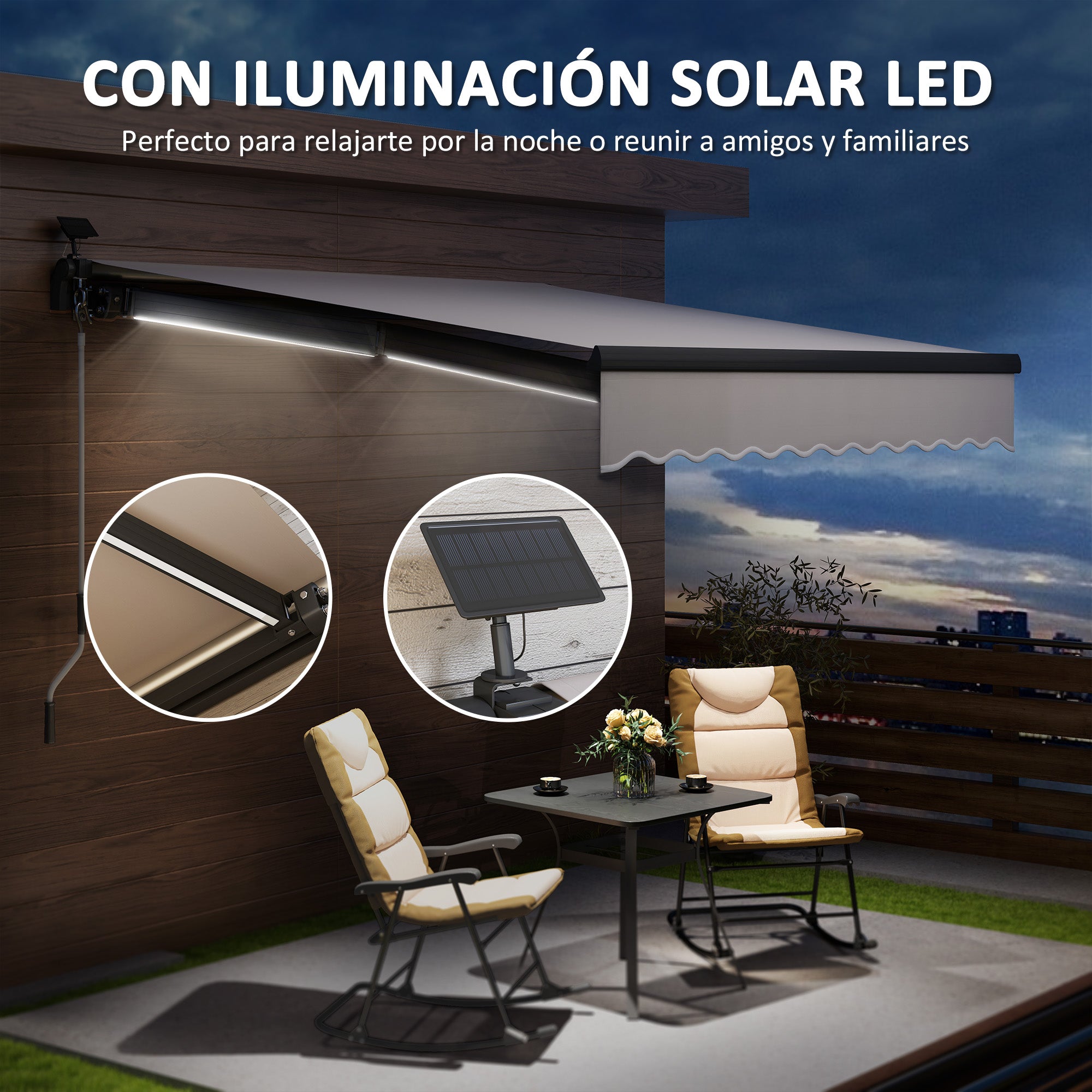 Outsunny Toldo Manual Retráctil 3x2,5 m con Luces LED Solares Toldo para Balcón con Manivela de Aluminio y Protección UV50+ para Jardín Terraza Ventanas Crema