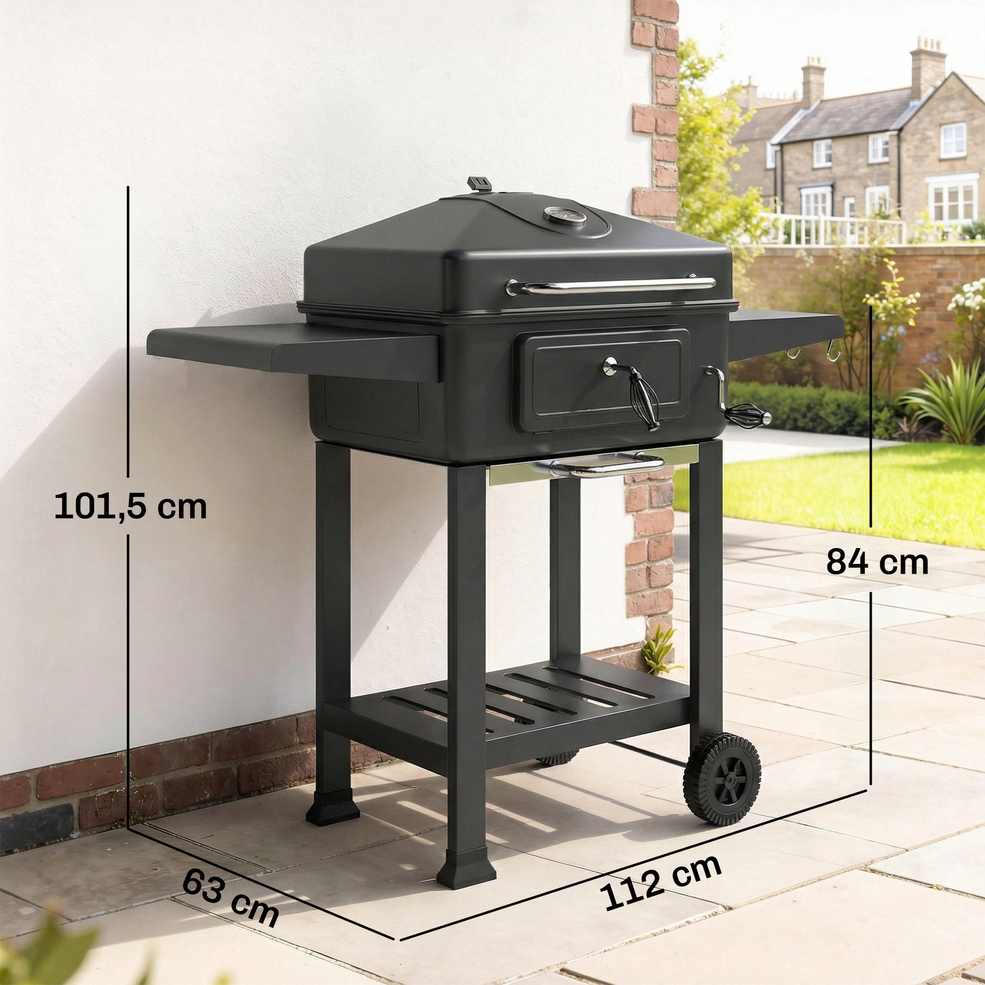 Outsunny Barbacoa de Carbón Portátil, Barbacoa de Carbón Móvil con Bandeja y Ventilación Ajustable, Estantes Laterales, Termómetro, Tapa, Cajón de Cenizas, Ruedas, Puerta Frontal, Asa, Negro