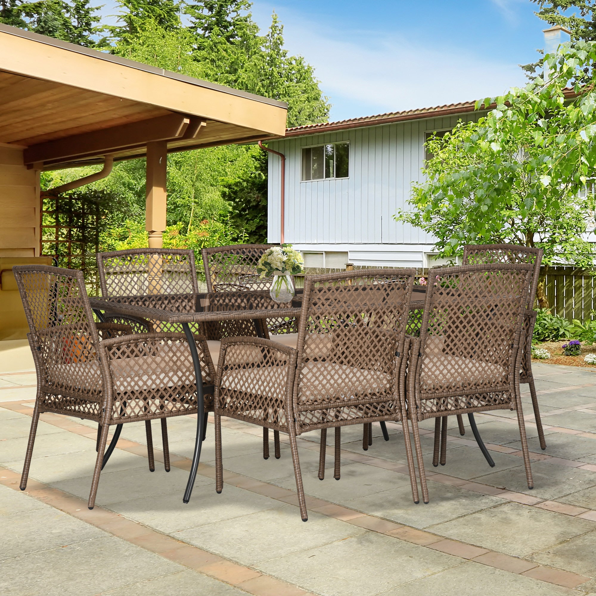 Outsunny Conjunto de Muebles de Jardín de Ratán 7 Piezas Juego de Comedor Exterior Incluye 6 Sillas con Cojines y Mesa de Vidrio Templado Marrón