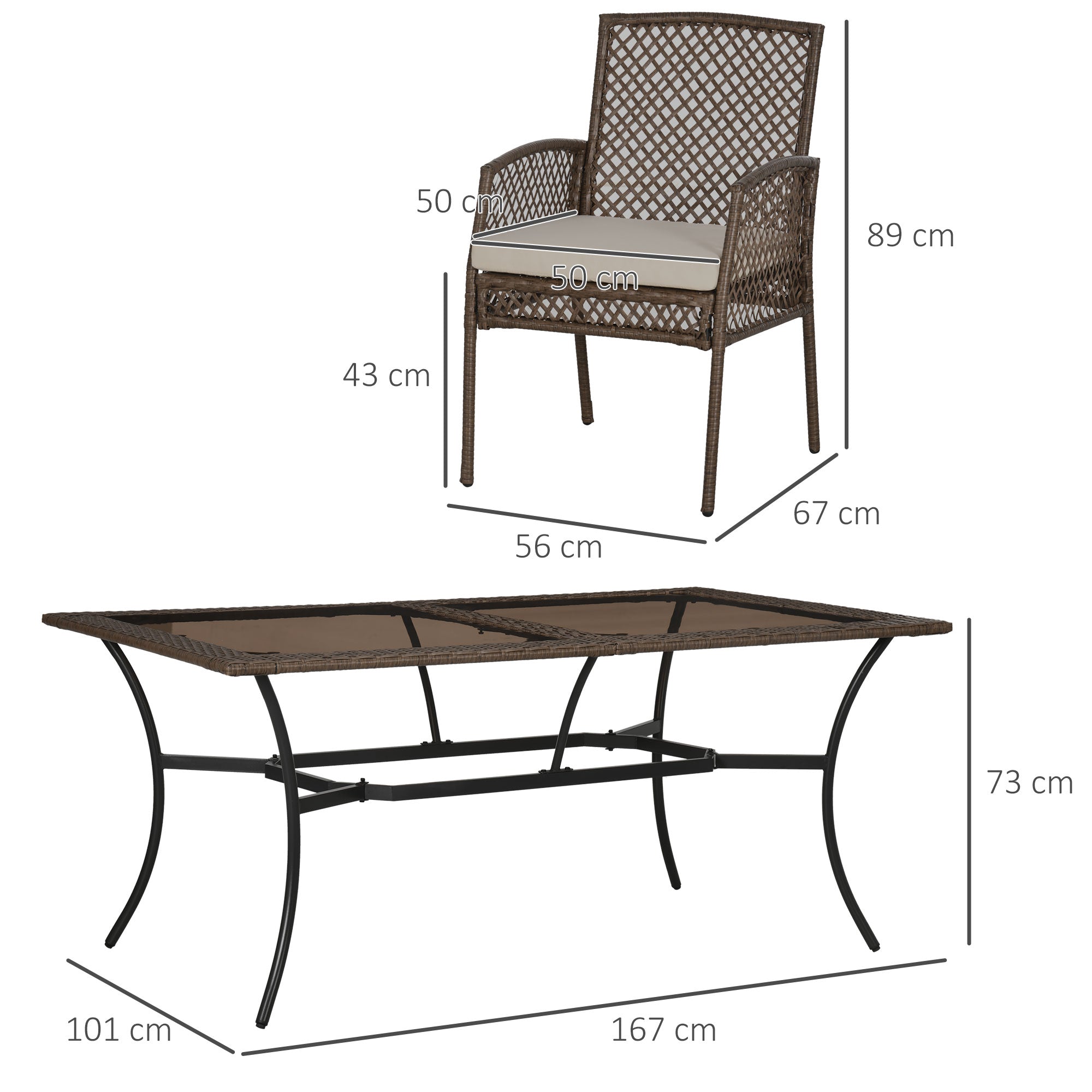 Outsunny Conjunto de Muebles de Jardín de Ratán 7 Piezas Juego de Comedor Exterior Incluye 6 Sillas con Cojines y Mesa de Vidrio Templado Marrón
