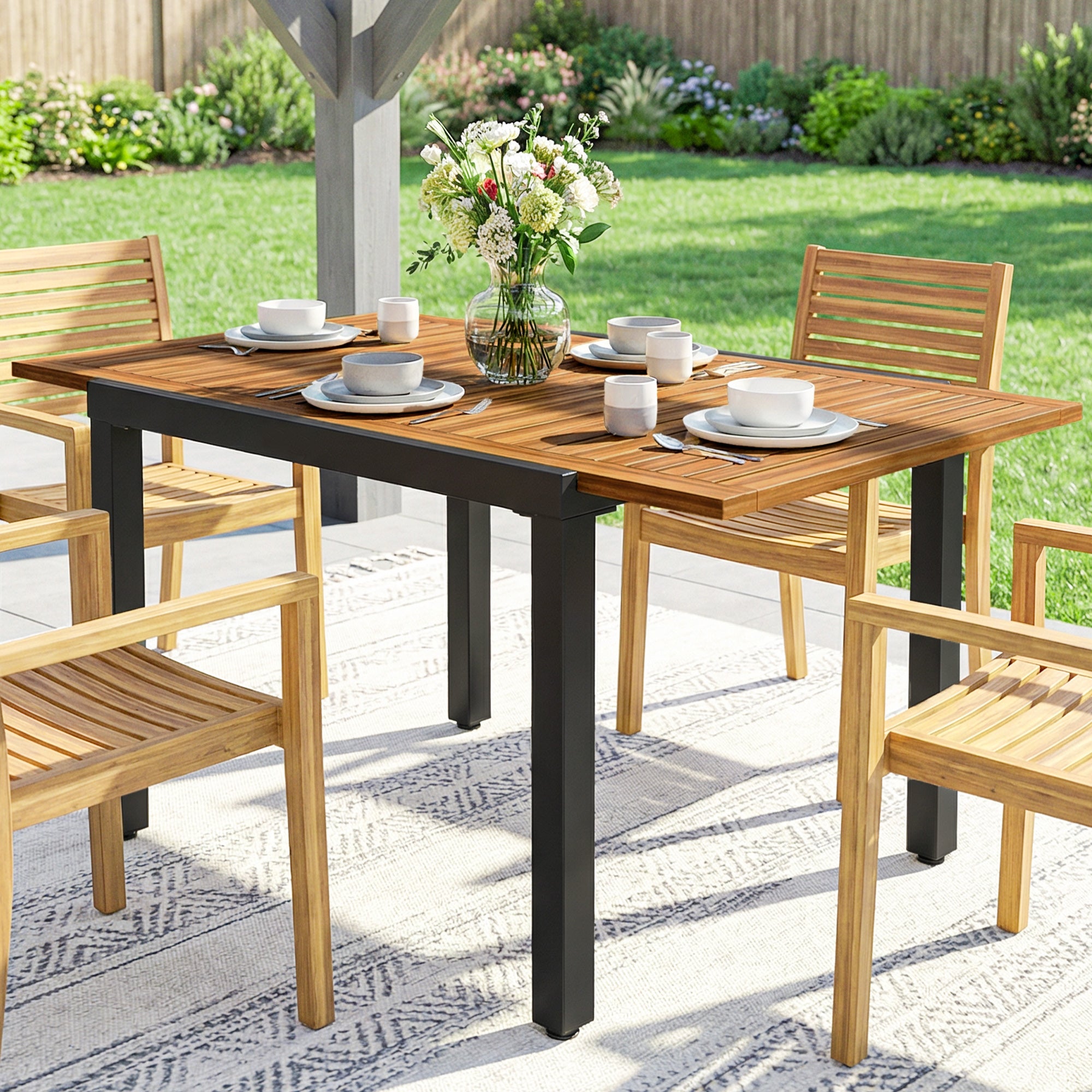 Outsunny Mesa de Jardín Extensible 120/80x70 cm, Mesa de Comedor Exterior Extensible Rectangular con Estructura de Acero y Tablero de Madera de Acacia, para 4-6 Personas, para Patio, Terraza, Natural
