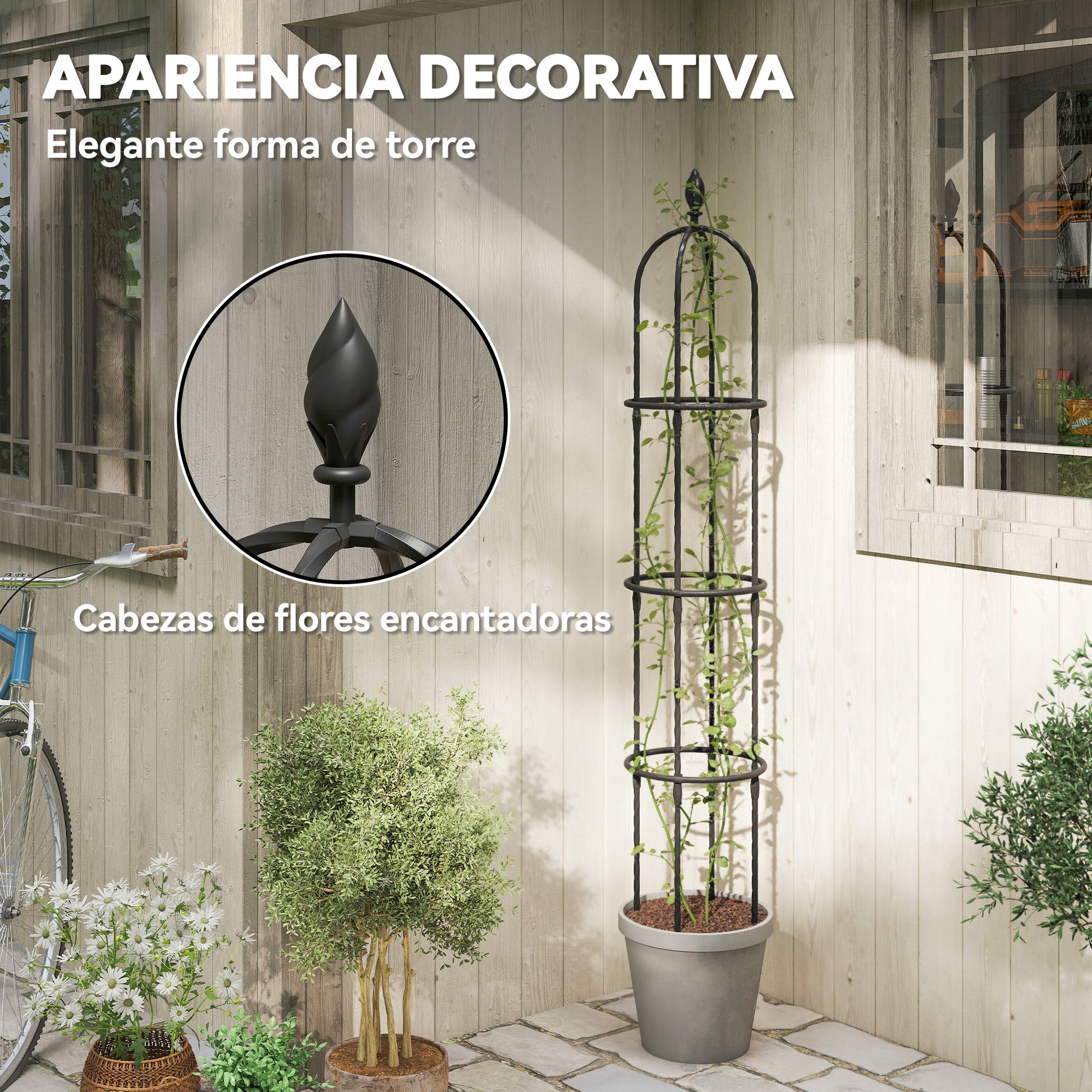 Outsunny Juego de 2 Obeliscos de Jardín de Acero, 1,74 m, Enrejados para Plantas Trepadoras, Rosas, Frutas, Verduras, Soportes Decorativos para Exterior, Patio, Terraza, Negro