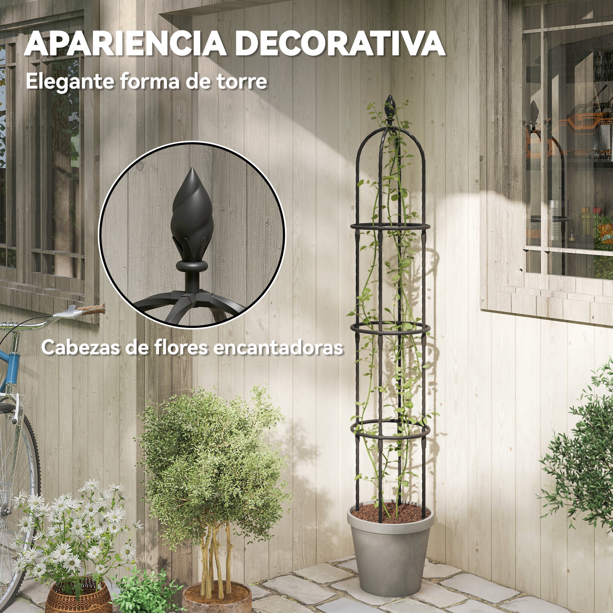 Outsunny Juego de 2 Obeliscos de Jardín de Acero, 1,74 m, Enrejados para Plantas Trepadoras, Rosas, Frutas, Verduras, Soportes Decorativos para Exterior, Patio, Terraza, Negro