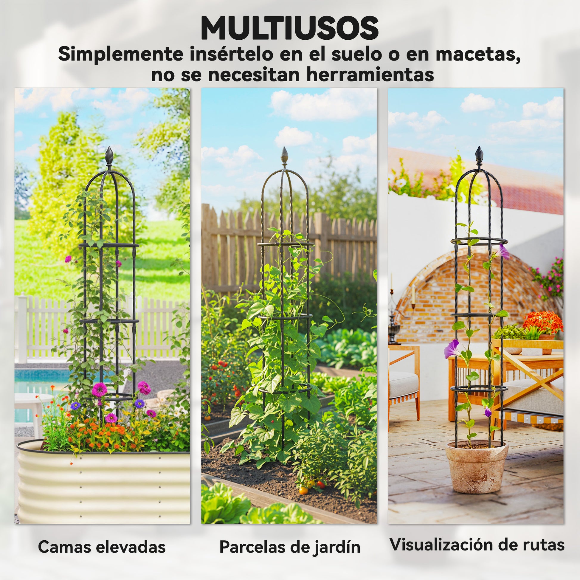 Outsunny Juego de 2 Obeliscos de Jardín de Acero, 1,74 m, Enrejados para Plantas Trepadoras, Rosas, Frutas, Verduras, Soportes Decorativos para Exterior, Patio, Terraza, Negro