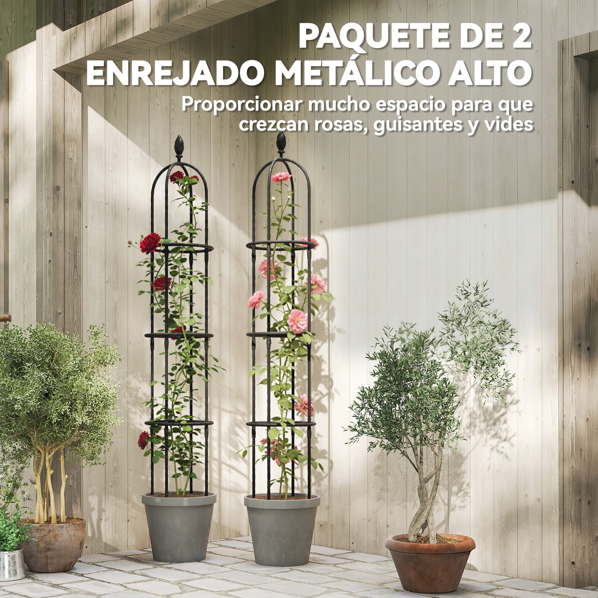 Outsunny Juego de 2 Obeliscos de Jardín de Acero, 1,74 m, Enrejados para Plantas Trepadoras, Rosas, Frutas, Verduras, Soportes Decorativos para Exterior, Patio, Terraza, Negro