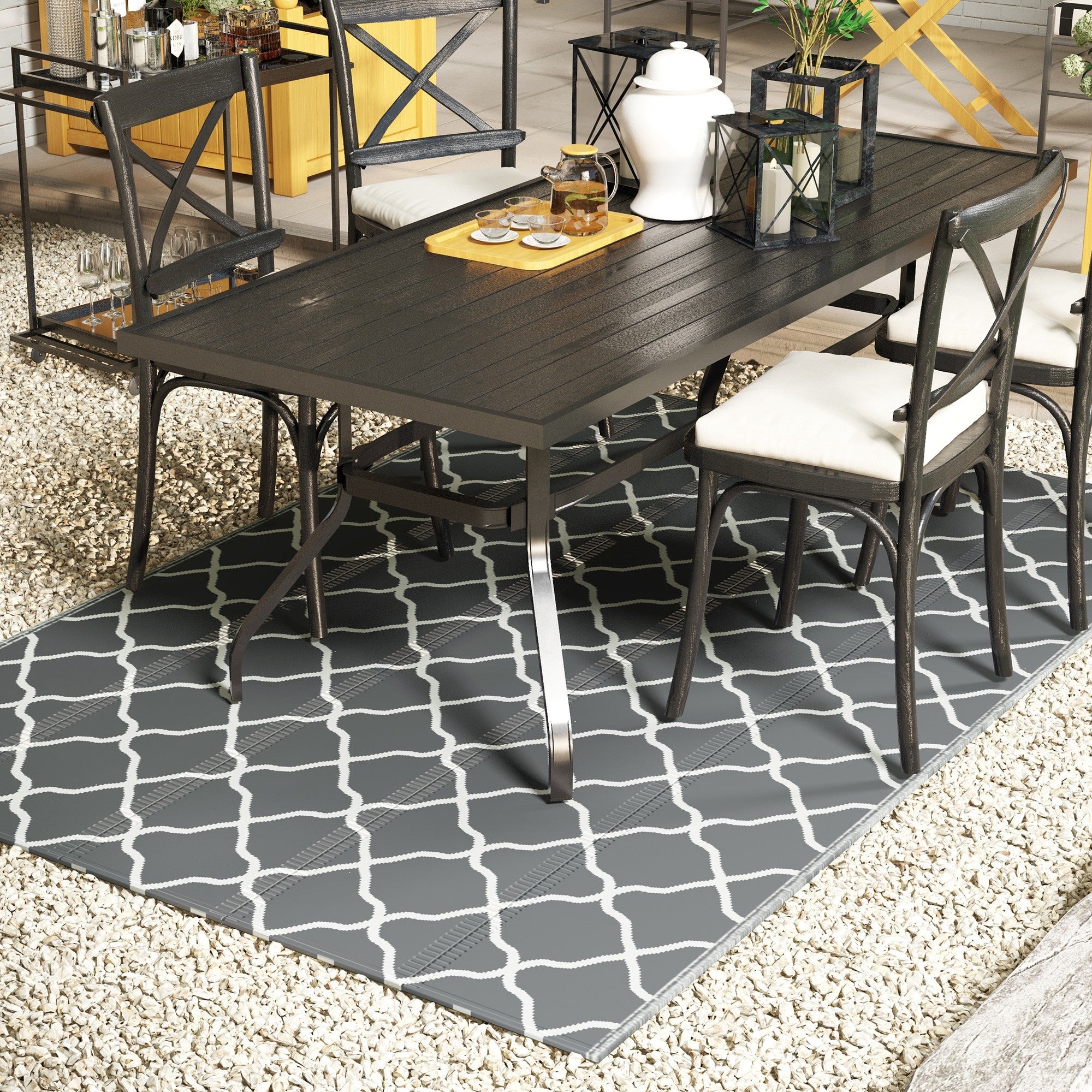 Outsunny Alfombra de Exterior 182x274 cm Alfombra Reversible con Patrón Geométrico Impermeable para Terraza Balcón Patio Camping Playa Gris y Blanco
