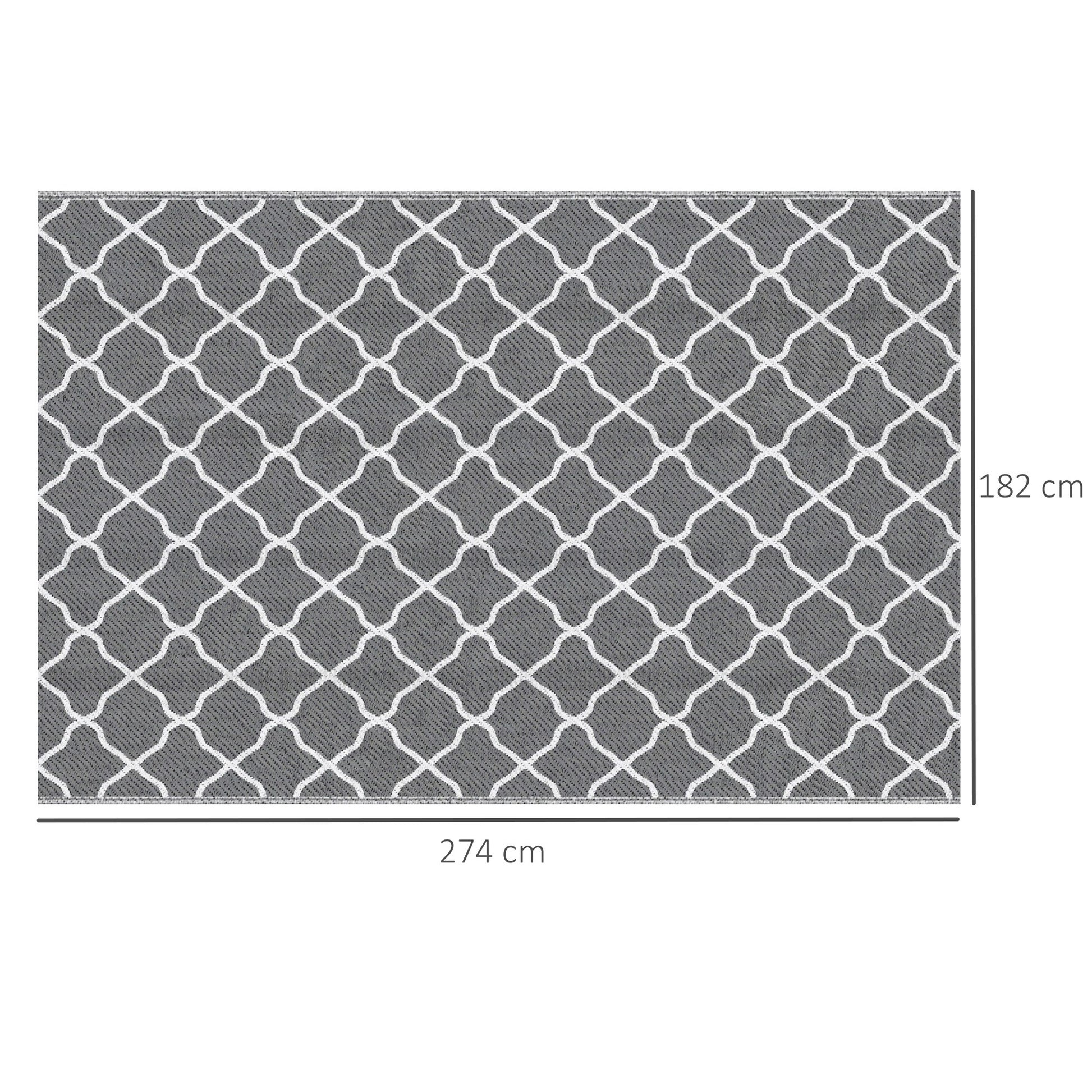 Outsunny Alfombra de Exterior 182x274 cm Alfombra Reversible con Patrón Geométrico Impermeable para Terraza Balcón Patio Camping Playa Gris y Blanco
