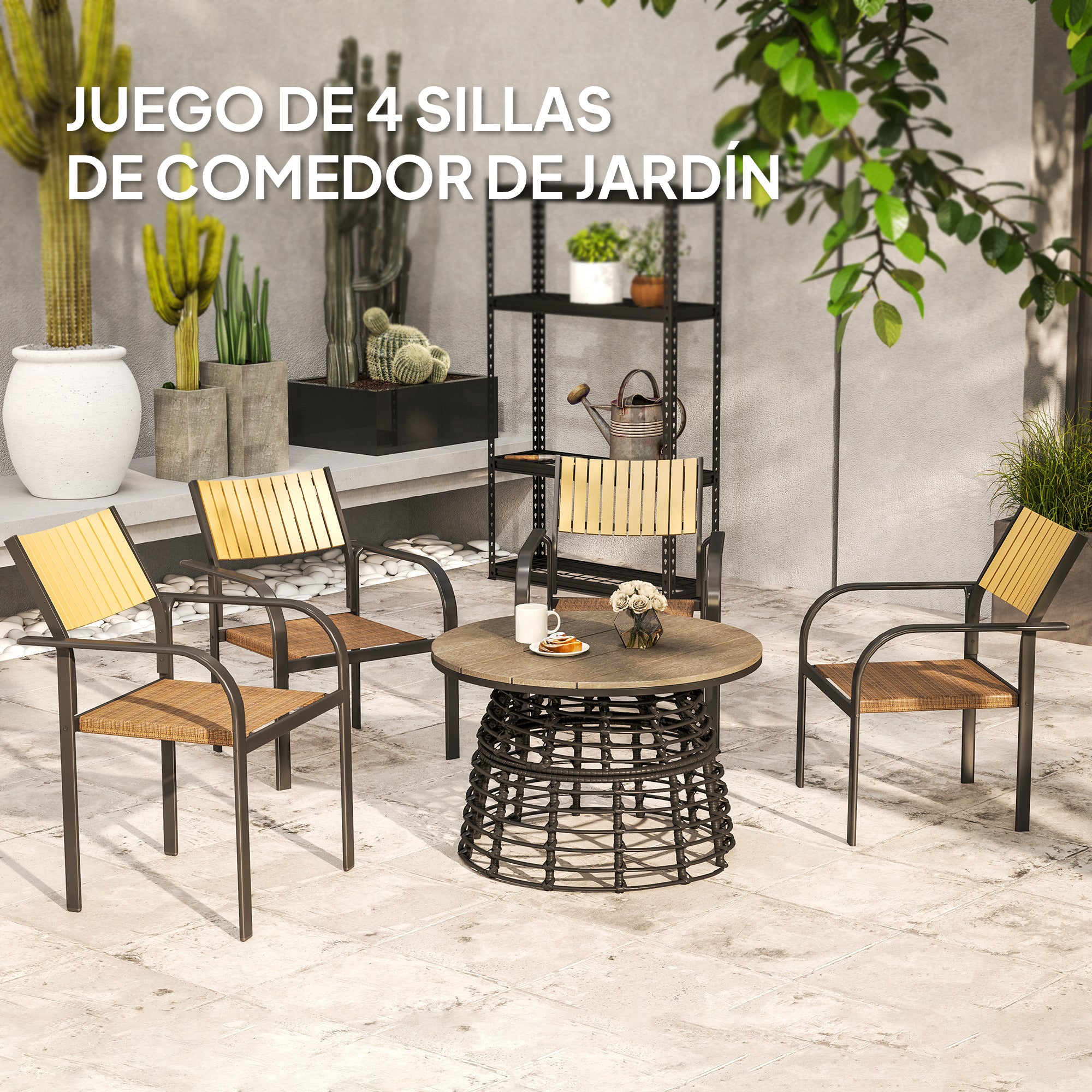 Outsunny Juego de 4 Sillas de Jardín Exterior Sillas Terraza Exterior Apilables Sillón de Comedor con Tela Transpirable Marco de Acero Reposabrazos y Respaldo 58x65x85 cm Marrón