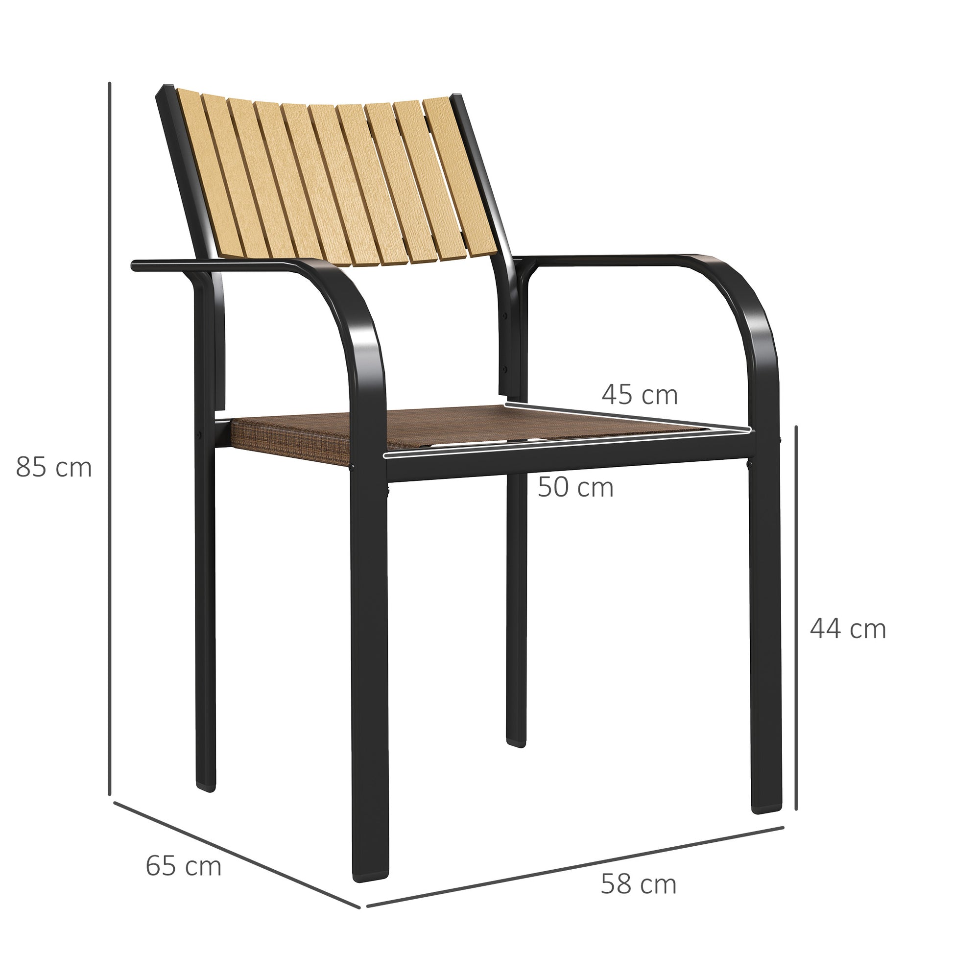 Outsunny Juego de 4 Sillas de Jardín Exterior Sillas Terraza Exterior Apilables Sillón de Comedor con Tela Transpirable Marco de Acero Reposabrazos y Respaldo 58x65x85 cm Marrón