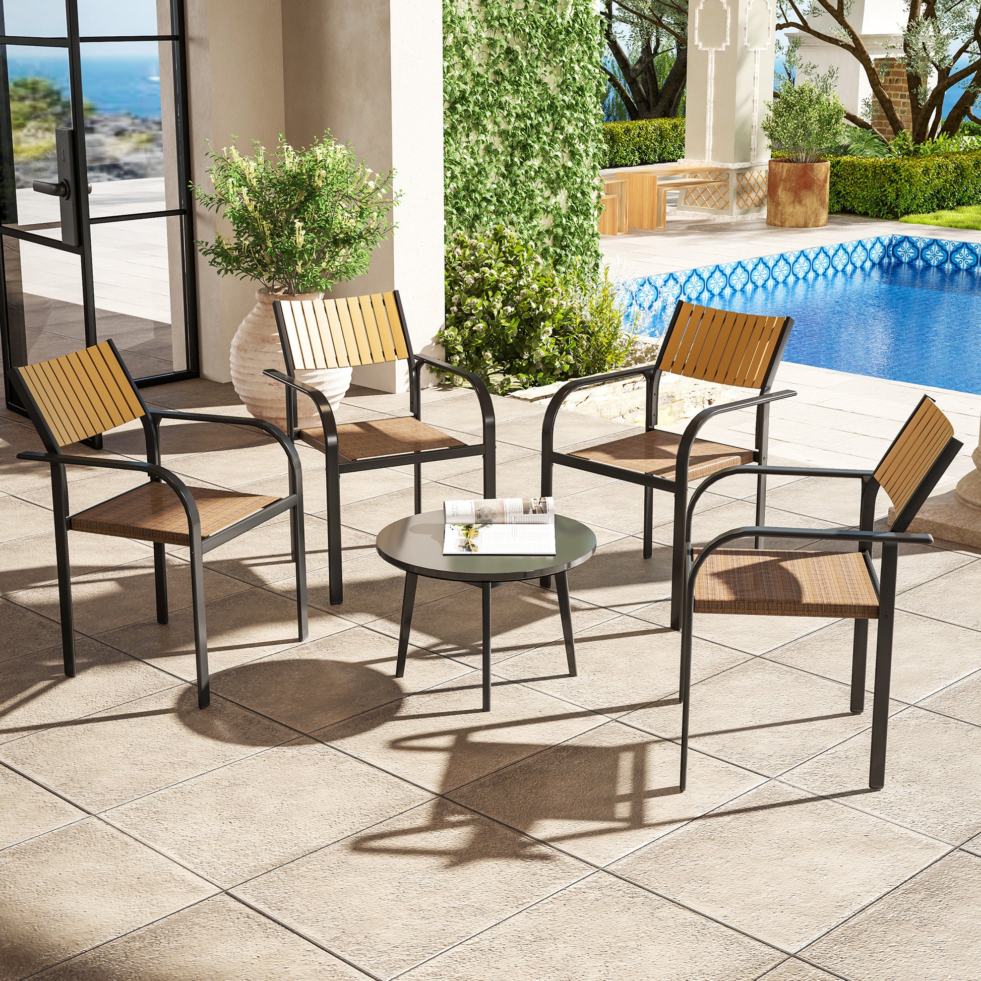 Outsunny Juego de 4 Sillas de Jardín Exterior Sillas Terraza Exterior Apilables Sillón de Comedor con Tela Transpirable Marco de Acero Reposabrazos y Respaldo 58x65x85 cm Marrón