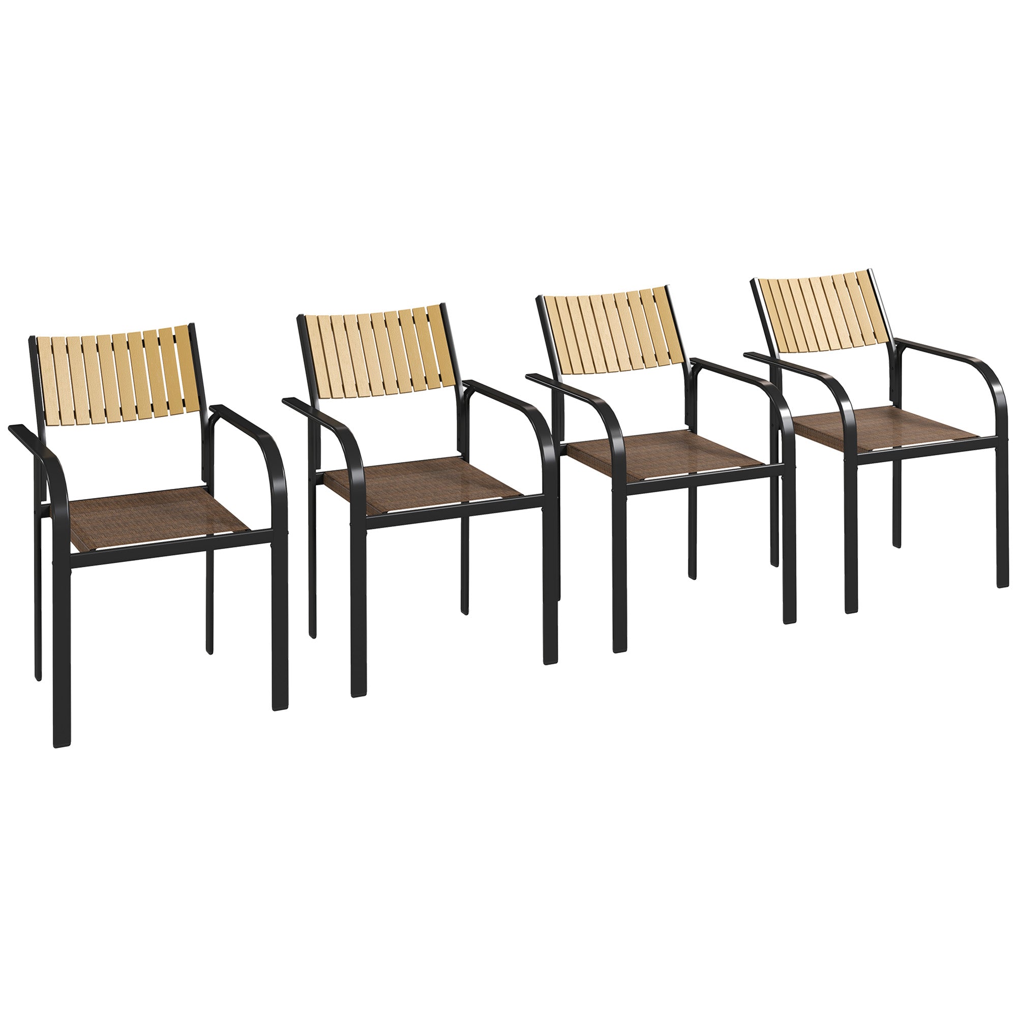 Outsunny Juego de 4 Sillas de Jardín Exterior Sillas Terraza Exterior Apilables Sillón de Comedor con Tela Transpirable Marco de Acero Reposabrazos y Respaldo 58x65x85 cm Marrón