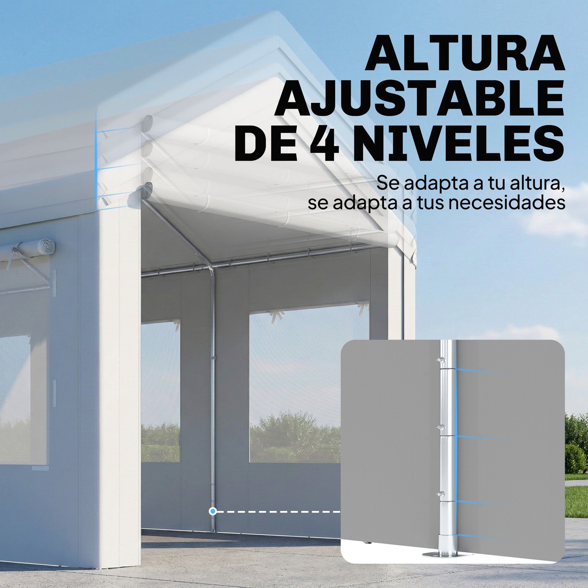 Outsunny Carpa Garaje Portátil 3x6 m Garaje Exterior para Coche Impermeable con 2 Puertas Enrollables y 6 Ventanas Malla Altura Ajustable Marco Acero Galvanizado UPF30+ Cobertizo de Almacenaje Blanco