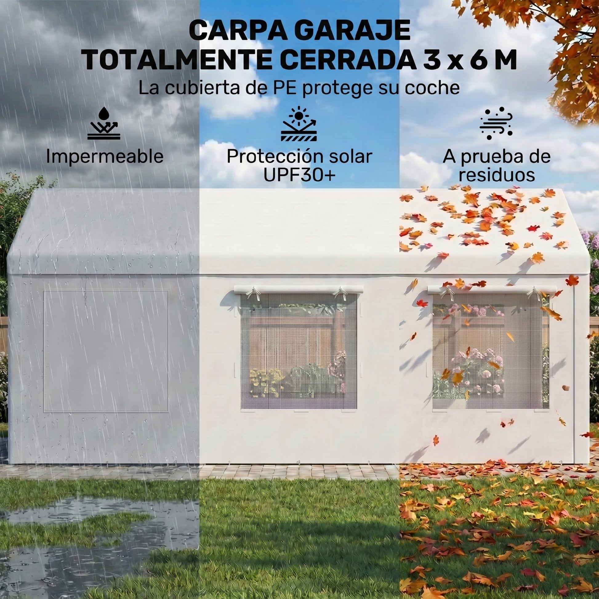 Outsunny Carpa Garaje Portátil 3x6 m Garaje Exterior para Coche Impermeable con 2 Puertas Enrollables y 6 Ventanas Malla Altura Ajustable Marco Acero Galvanizado UPF30+ Cobertizo de Almacenaje Blanco