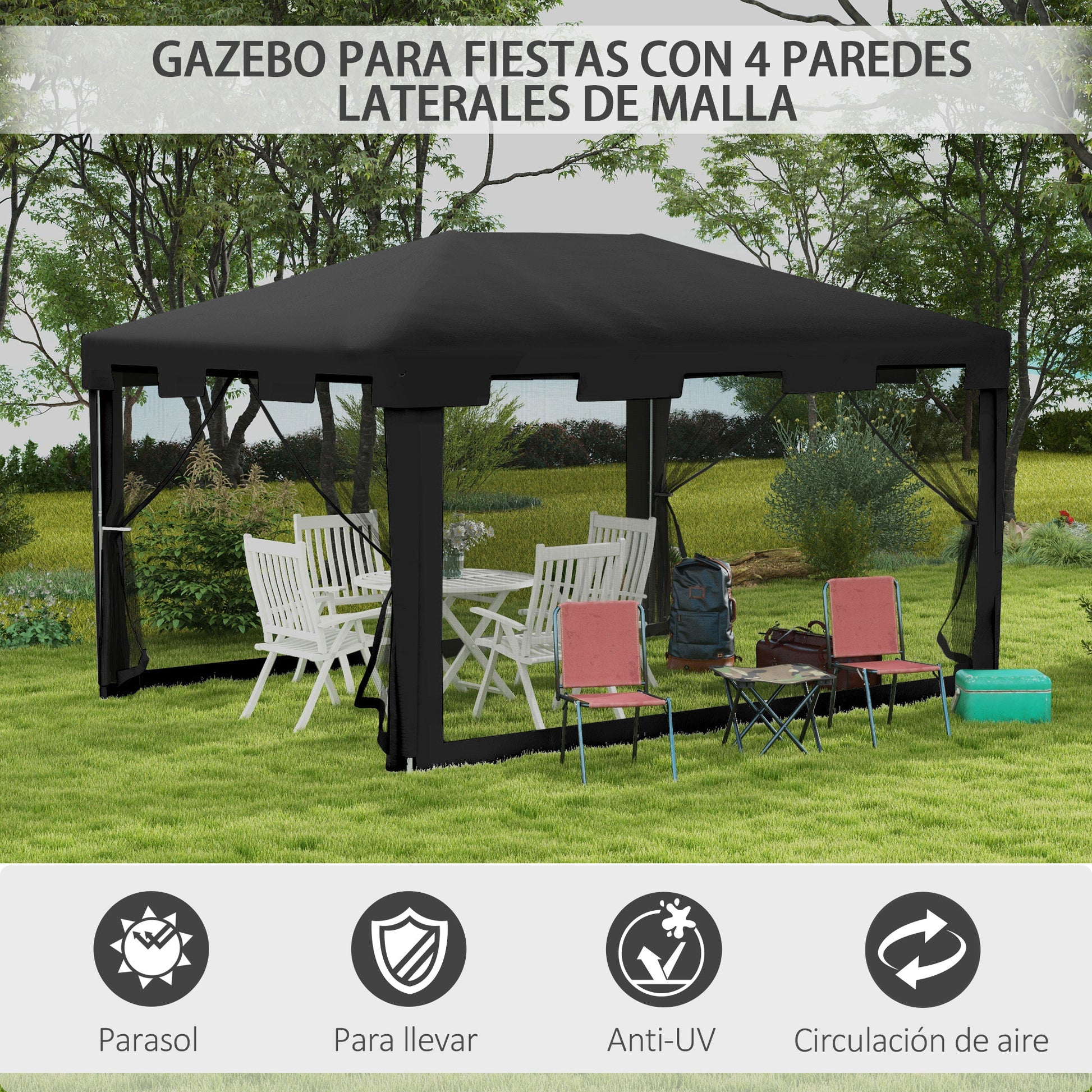 Outsunny Carpa de Jardín 4x3 m Cenador Desmontable Exterior con 4 Mosquiteras Laterales 2 Puertas con Cremallera y 6 Orificios de Drenaje Impermeable Anti-UV para Terraza Patio Playa Gris Oscuro
