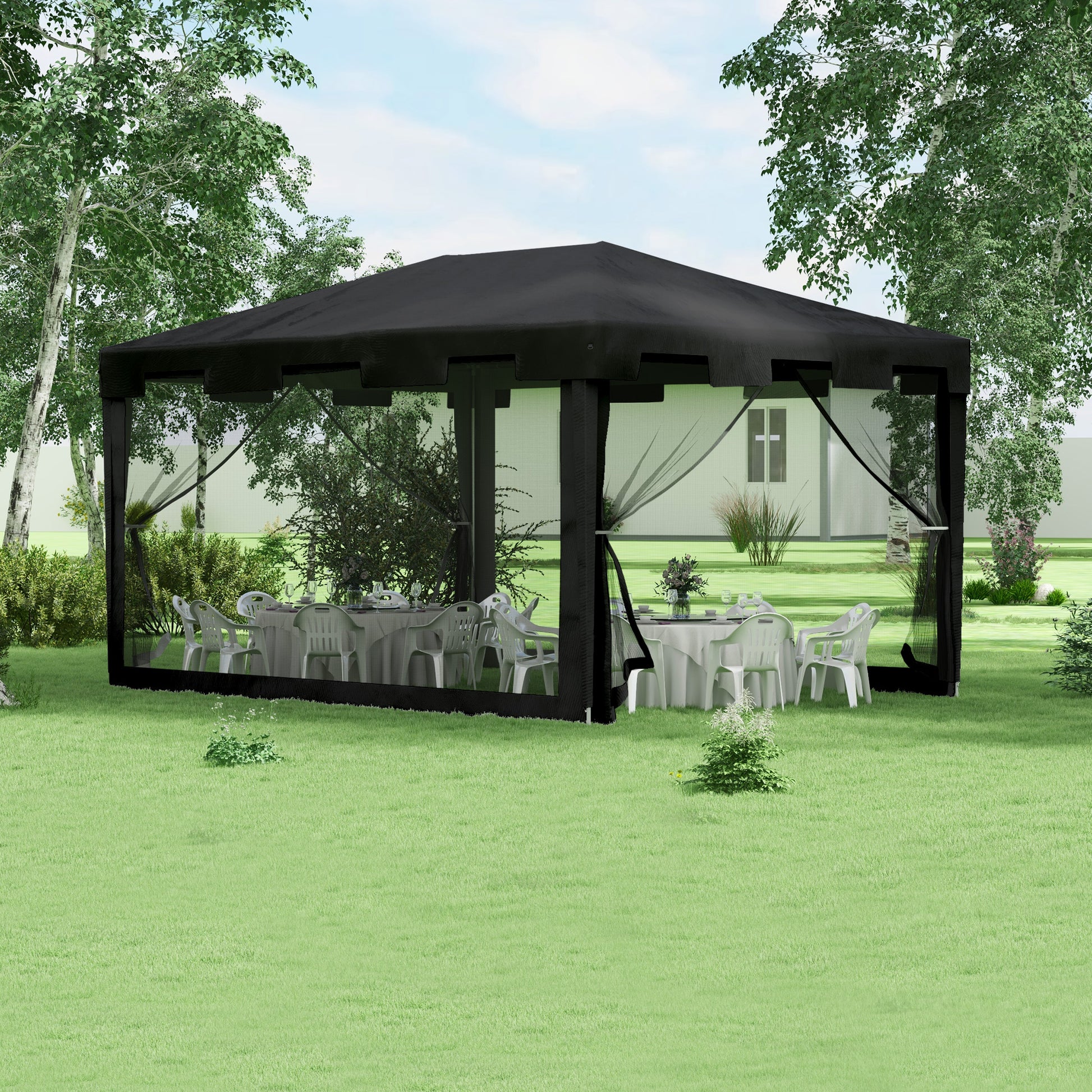 Outsunny Carpa de Jardín 4x3 m Cenador Desmontable Exterior con 4 Mosquiteras Laterales 2 Puertas con Cremallera y 6 Orificios de Drenaje Impermeable Anti-UV para Terraza Patio Playa Gris Oscuro