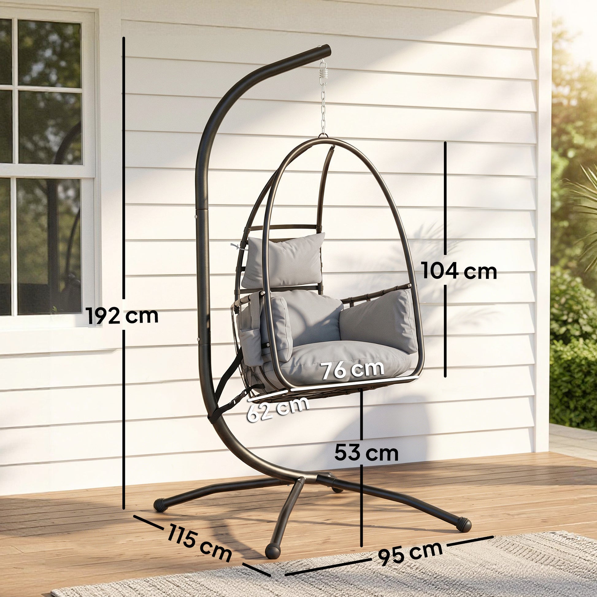 Outsunny Silla Colgante Huevo con Soporte, Columpio de Jardín Exterior con Cesta Plegable, Reposacabezas, Cojín, Bolsillo Lateral, Columpio Colgante para Interior y Exterior, Carga 120 kg, Gris Oscuro