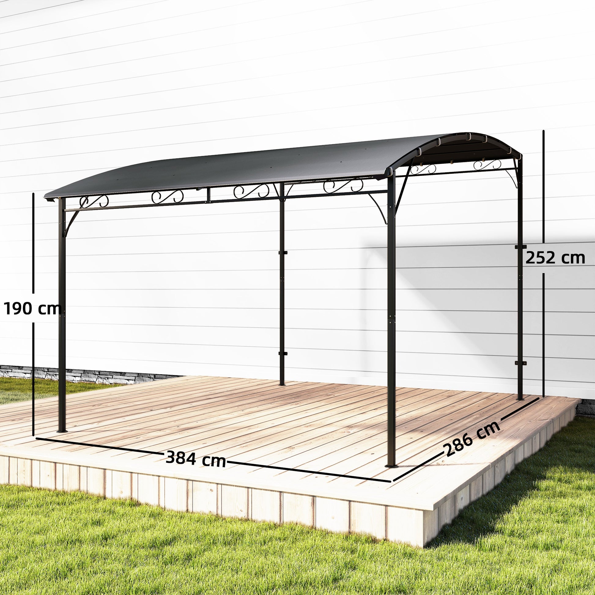 Outsunny Pérgola de Pared de Jardín 2,8x3,8 m, Cenador de Jardín con Techo Inclinado, Orificios de Drenaje y Estructura Metálica, Resistente a la Intemperie, para Patio, Terraza, Balcón, Gris