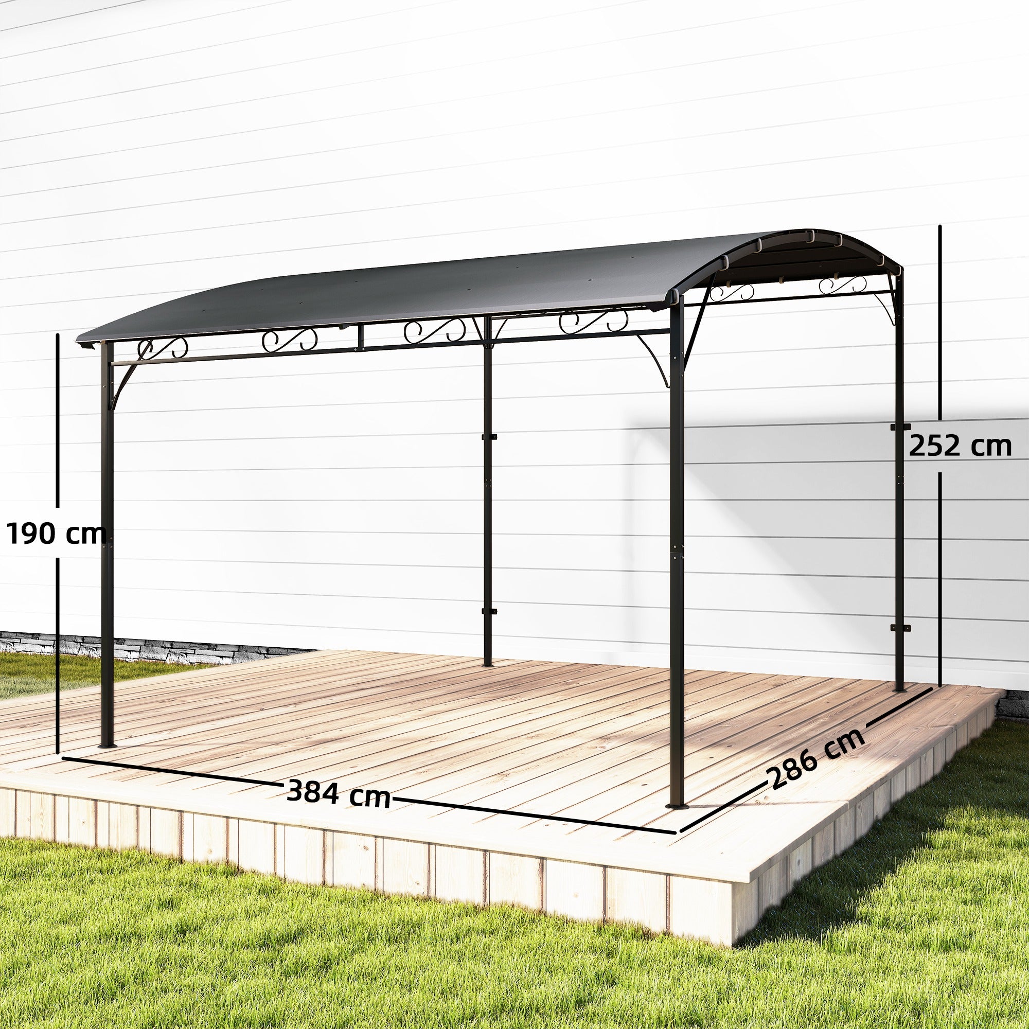 Outsunny Pérgola de Pared de Jardín 2,8x3,8 m, Cenador de Jardín con Techo Inclinado, Orificios de Drenaje y Estructura Metálica, Resistente a la Intemperie, para Patio, Terraza, Balcón, Gris