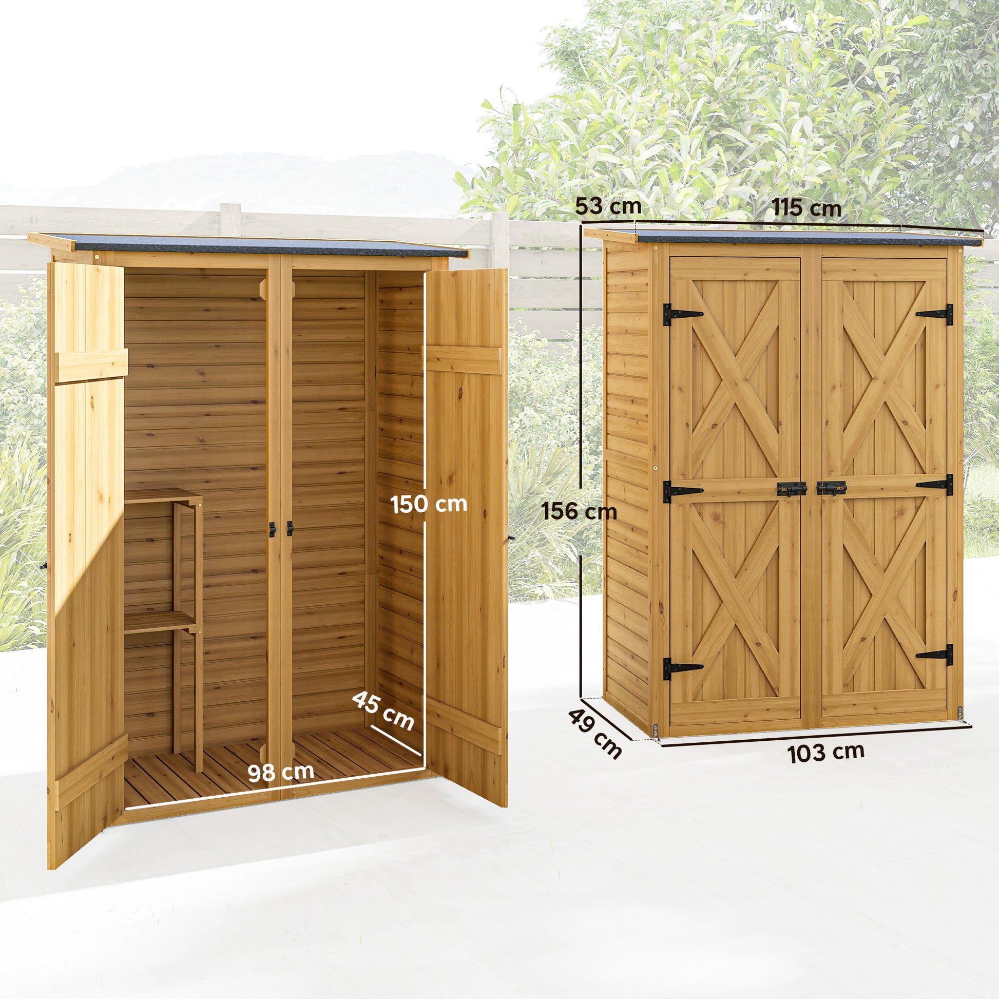 Outsunny Caseta de Jardín de Madera 115x53x156 cm Cobertizo Jardín Exterior Armario Exterior para Herramientas con Puertas Dobles con Pestillo 2 Estantes y Techo Inclinado Fijación con Estacas Marrón