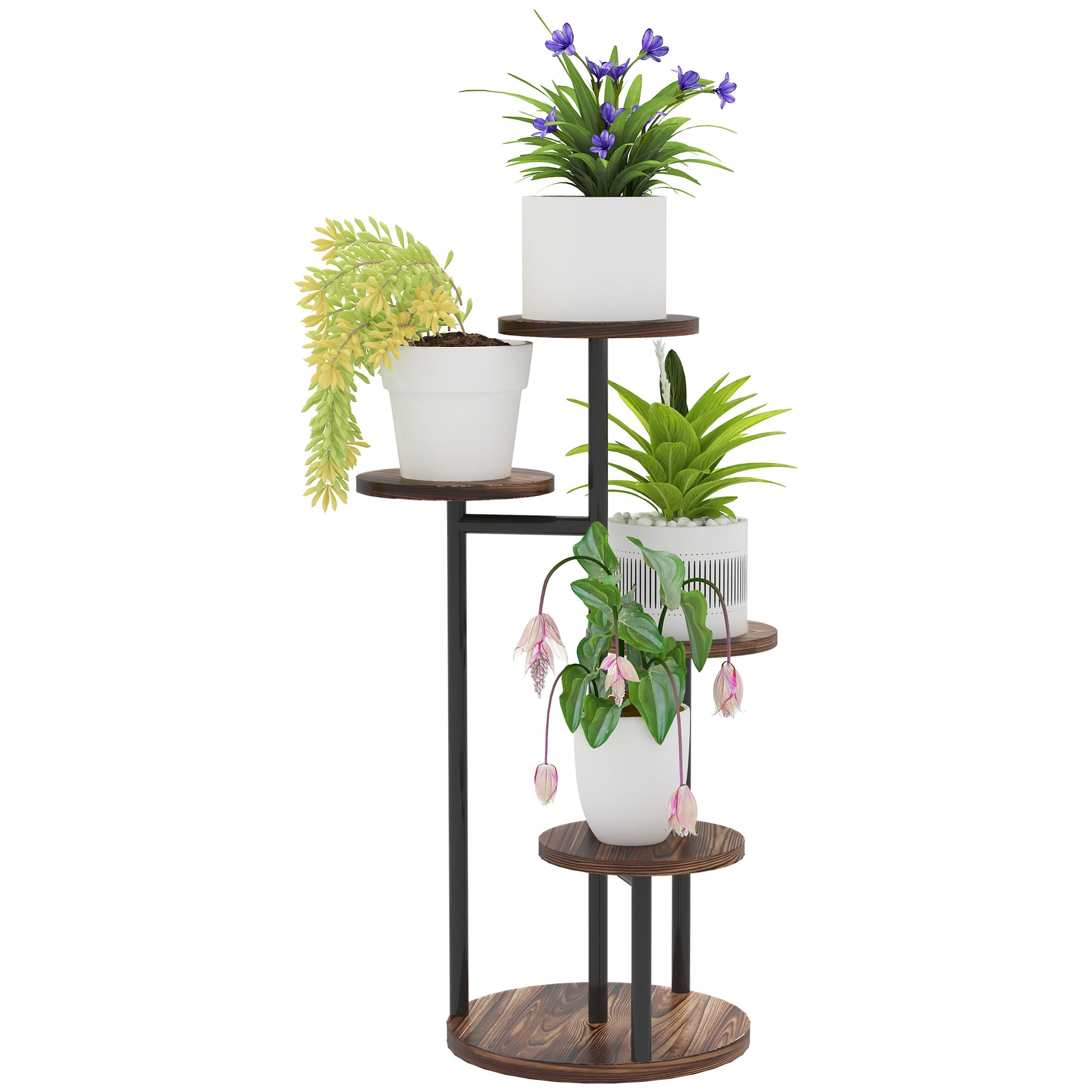 Outsunny Estantería para Plantas de 5 Niveles Soporte para Plantas de Madera y Acero con 5 Estantes Redondos Soporte para Macetas para Interior y Exterior 43x43x70 cm Carbonizado