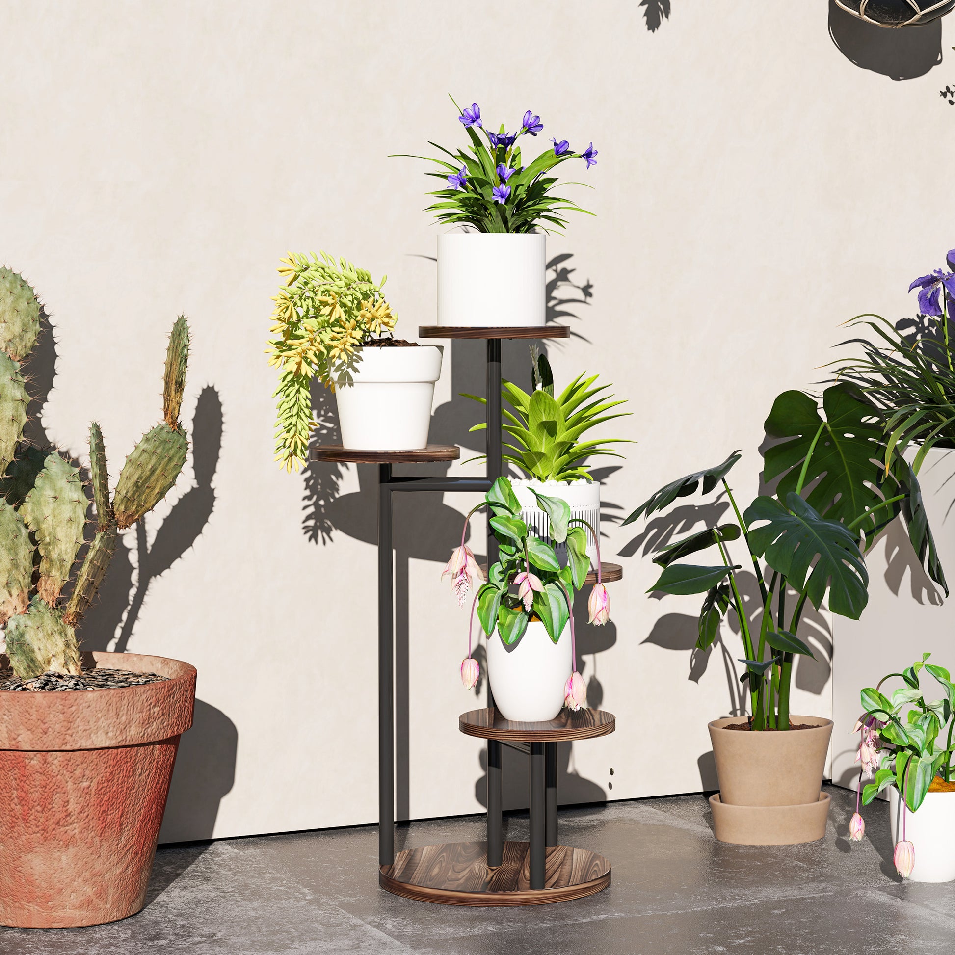 Outsunny Estantería para Plantas de 5 Niveles Soporte para Plantas de Madera y Acero con 5 Estantes Redondos Soporte para Macetas para Interior y Exterior 43x43x70 cm Carbonizado