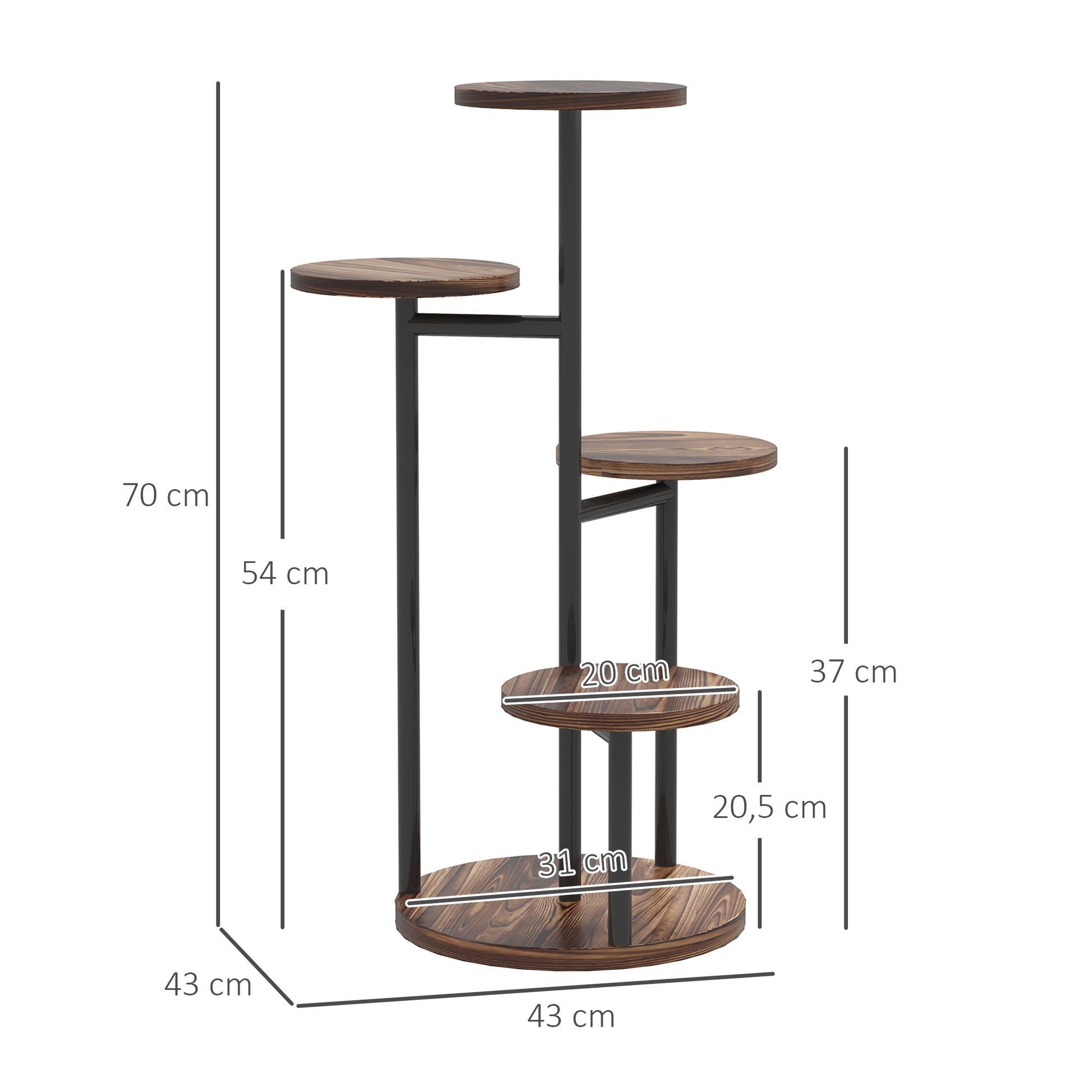 Outsunny Estantería para Plantas de 5 Niveles Soporte para Plantas de Madera y Acero con 5 Estantes Redondos Soporte para Macetas para Interior y Exterior 43x43x70 cm Carbonizado