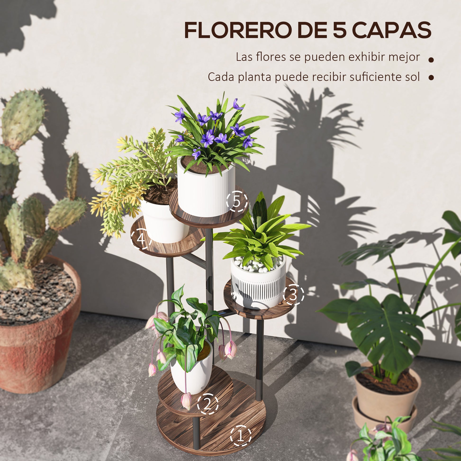 Outsunny Estantería para Plantas de 5 Niveles Soporte para Plantas de Madera y Acero con 5 Estantes Redondos Soporte para Macetas para Interior y Exterior 43x43x70 cm Carbonizado